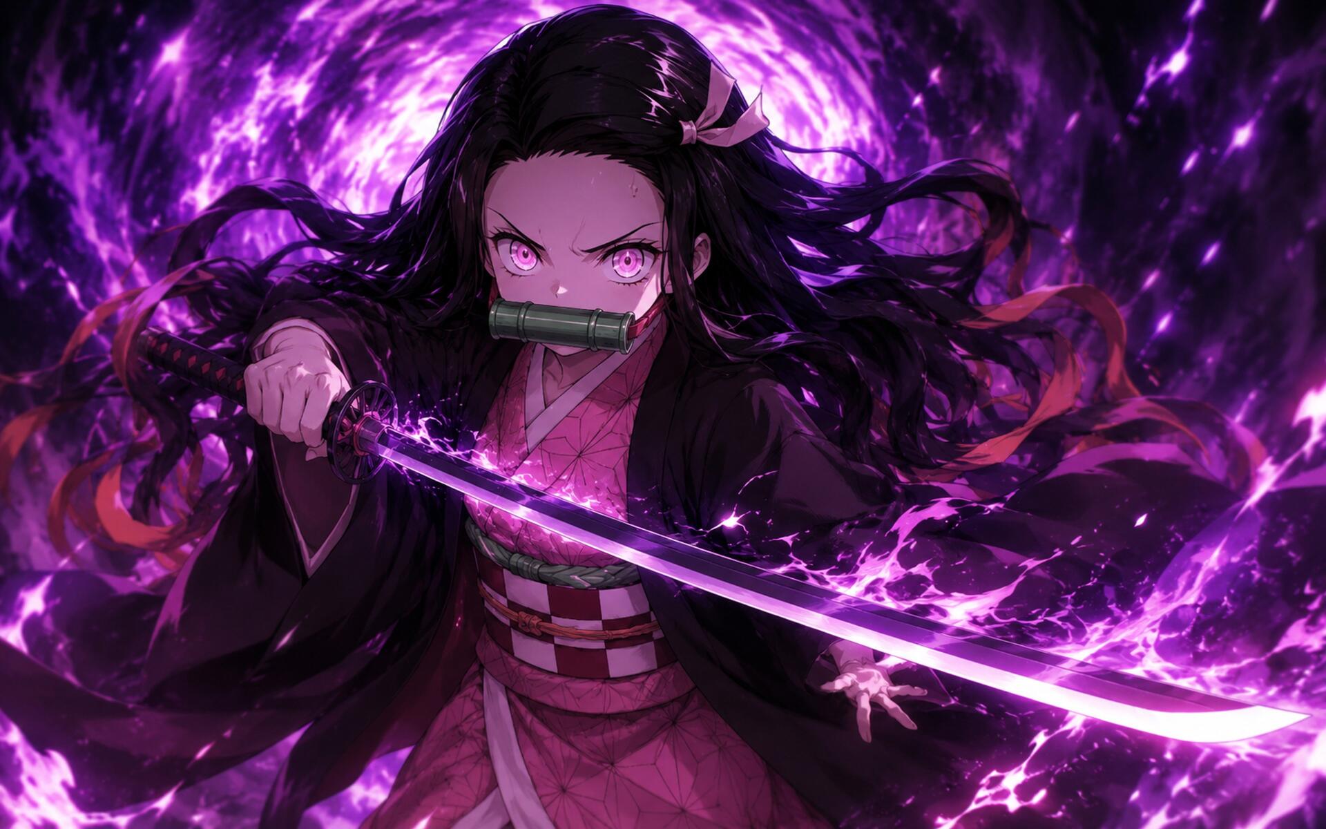 Nezuko Kamado (anime) charges forward with a glowing purple blade and swirling aura, vivid 4K Ultra HD PC desktop wallpaper background.