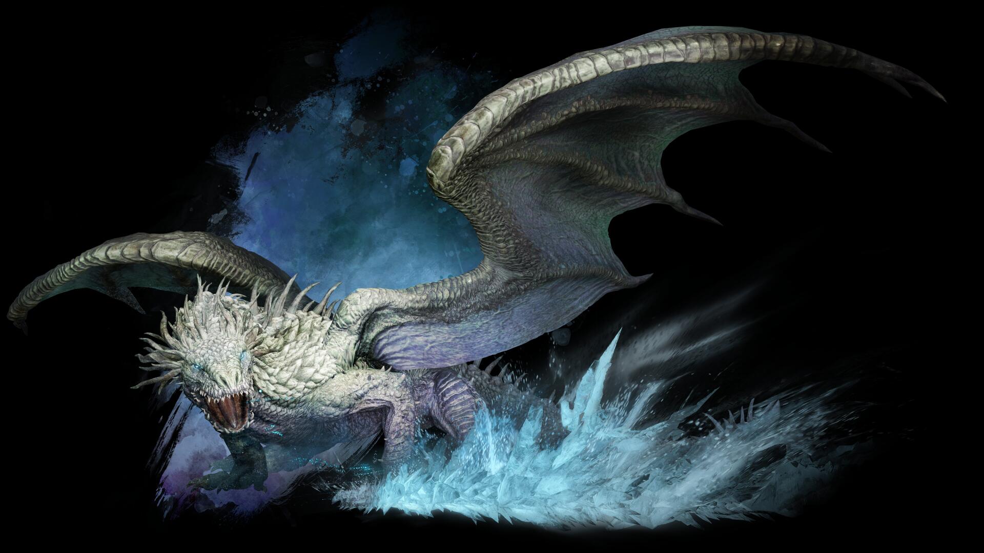 8K Ultra HD PC desktop wallpaper of a snarling white dragon from Dragon's Dogma 2: Dark Arisen bursting from icy water, wings unfurled and claws cutting through a storm-dark backdrop.