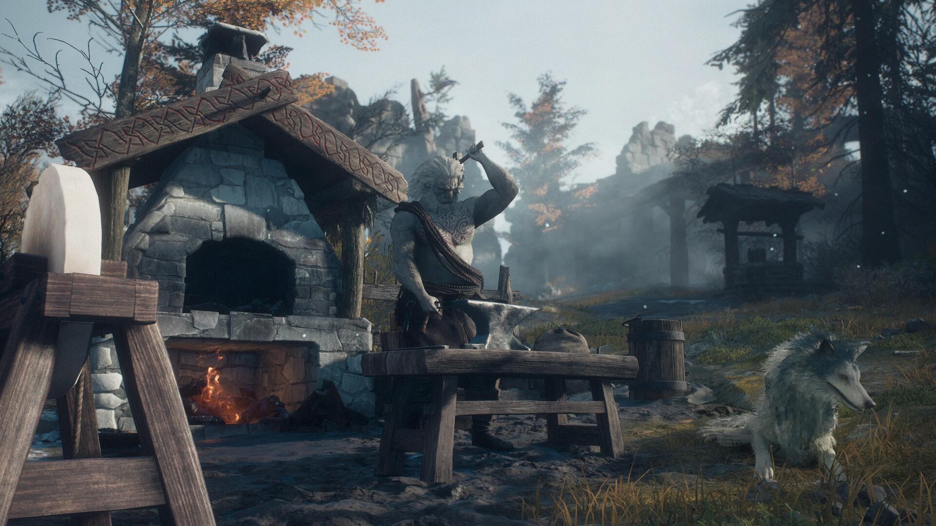 Dragon's Dogma 2 Dark Arisen 4K Ultra HD PC desktop wallpaper: misty village square with a weathered statue, hearth ovens, timber cottages and a wolf in the foreground.