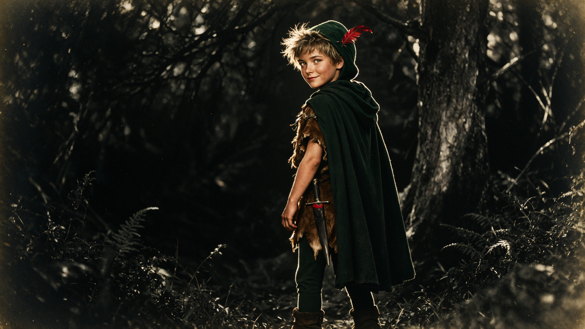 4K Ultra HD PC desktop wallpaper: a child in a Peter Pan–style elf costume with green cloak and feathered cap, standing in a shadowy forest and glancing back.