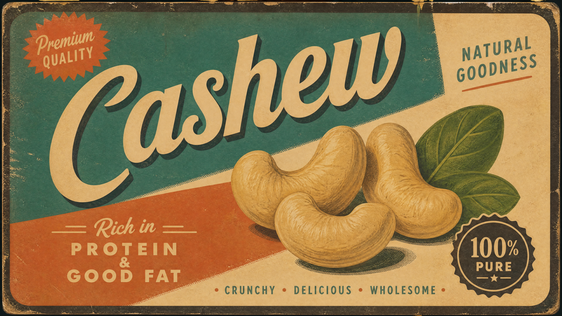 4K Ultra HD PC desktop wallpaper of vintage cashew nut snack packaging: bold Cashew title, three cashew nuts with leaves, rich in protein & good fat text and a 100% pure badge.