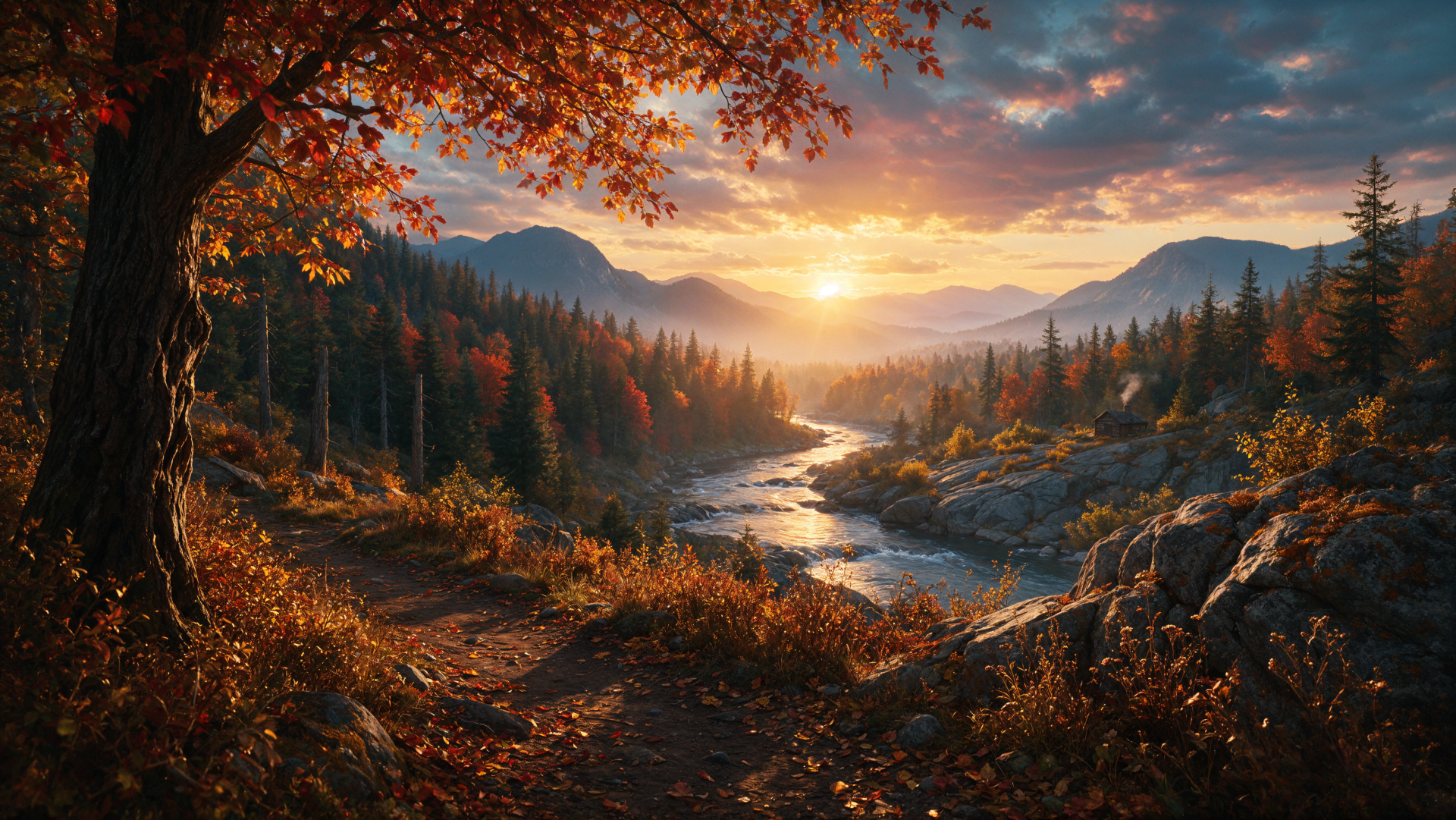 4K Ultra HD PC desktop wallpaper: fall forest landscape with a sunlit river winding through autumn trees toward distant mountains at sunset.