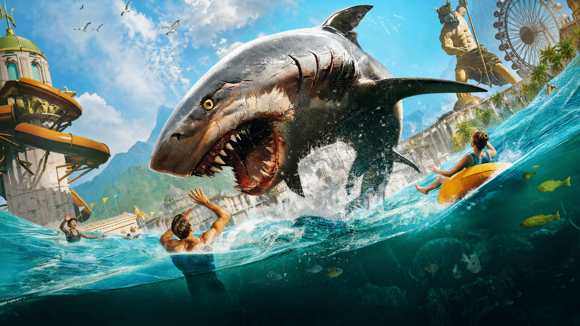 Maneater 2: massive shark lunges from a splash in a chaotic water park as swimmers and riders flee; 4K Ultra HD PC desktop wallpaper and background.
