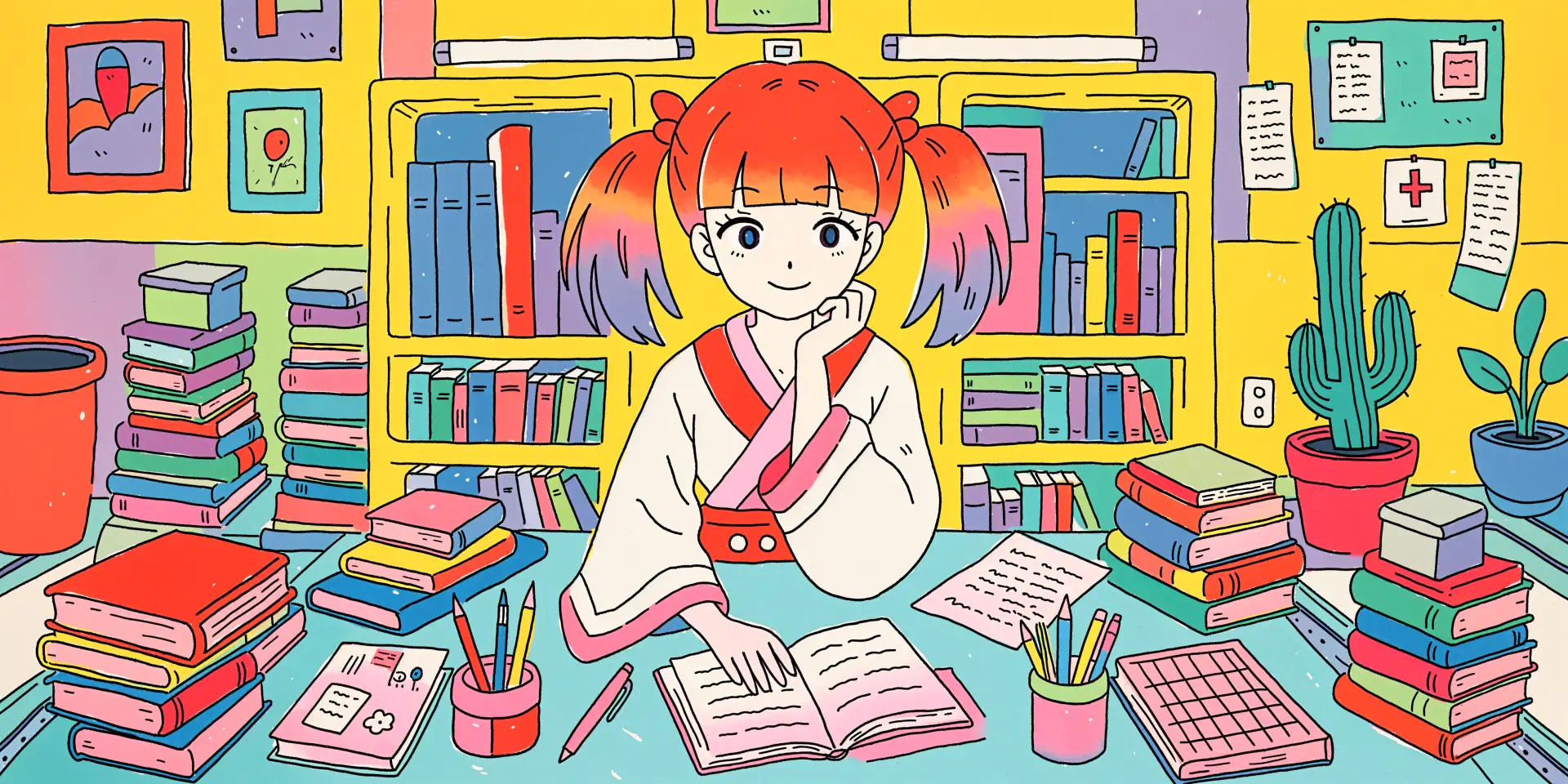 4K Ultra HD anime wallpaper of a smiling girl with red twin-tails studying at a desk surrounded by open books, pens and colorful bookshelves—PC desktop background.