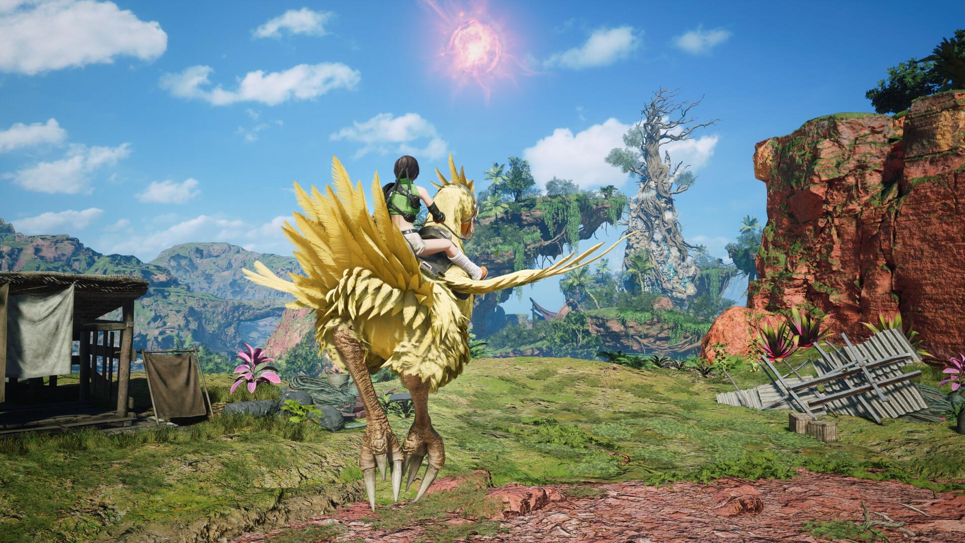 Yuffie Kisaragi from Final Fantasy VII Revelation rides a chocobo across lush hills beneath a bright sky — 4K Ultra HD video game PC desktop wallpaper/background.