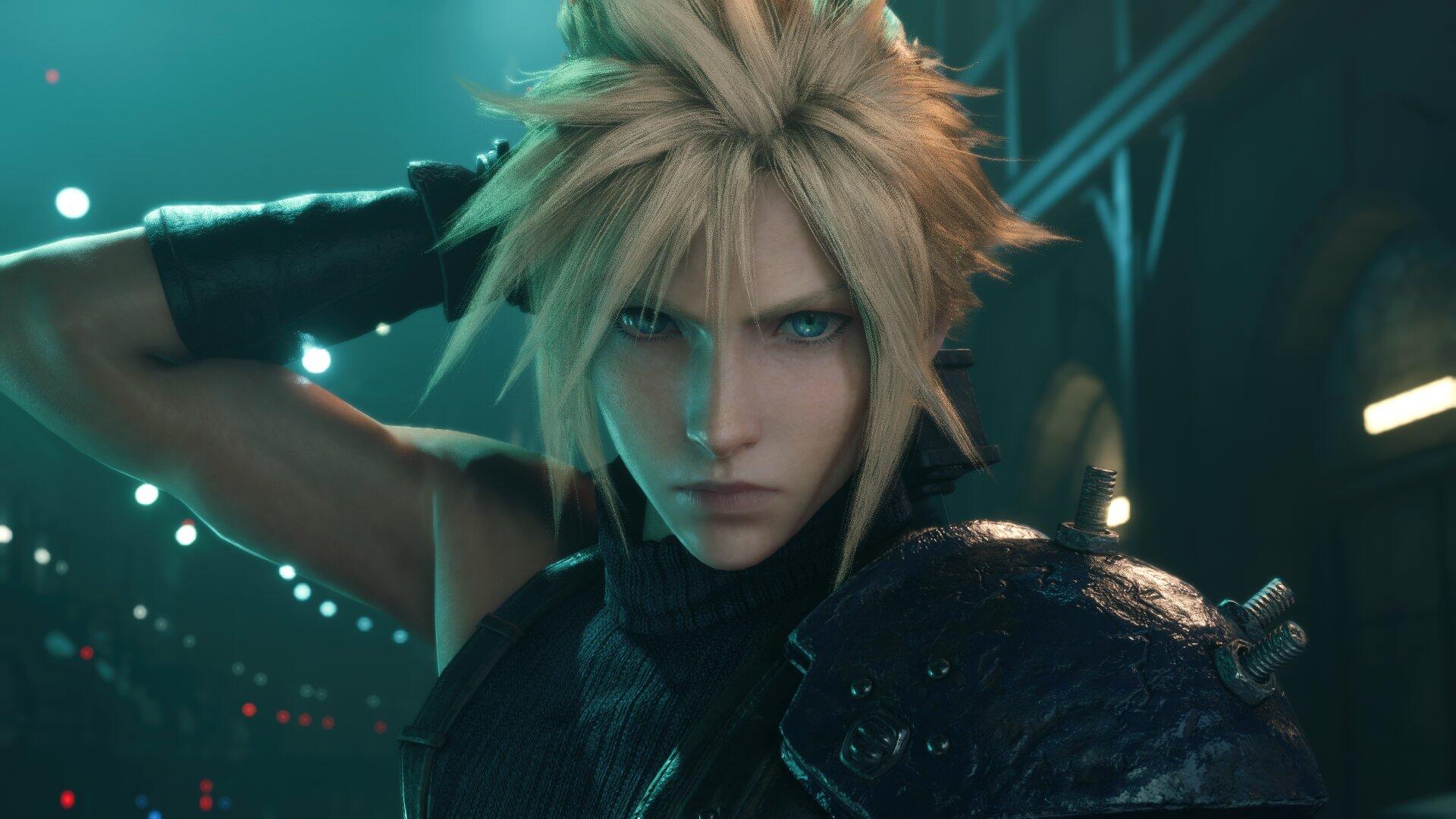Cloud Strife from Final Fantasy VII stares ahead, Buster Sword on his back, moody neon-lit city behind him — HD PC desktop wallpaper background.