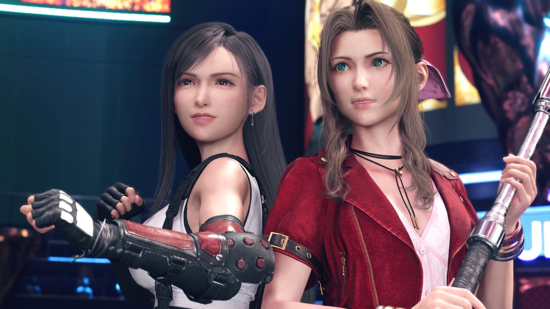 4K Ultra HD PC wallpaper of Final Fantasy VII's Tifa Lockhart and Aerith Gainsborough in detailed game-rendered style, standing side by side with weapons and neon city lights behind them.