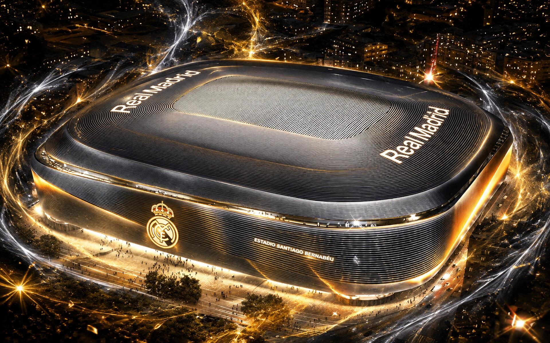 4K Ultra HD wallpaper showing a glowing, futuristic Real Madrid stadium at night with the club crest and Real Madrid on the roof, wrapped in golden city lights and streaking energy.