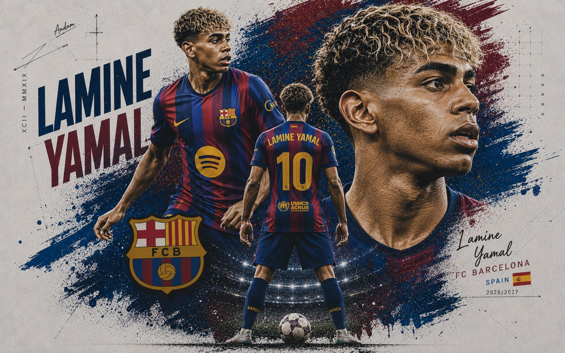 4K PC desktop wallpaper showing three artistic portraits of a soccer player in FC Barcelona number 10 kit with club crest, blue-red paint strokes and energetic sports style