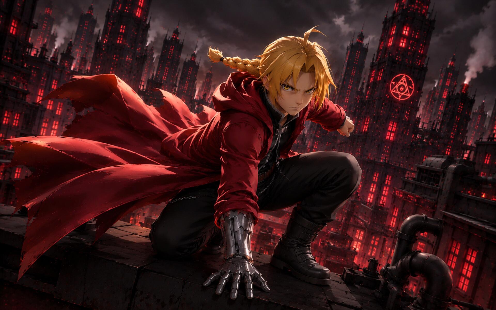 Edward Elric anime crouches on a rooftop in a flowing red coat, automail arm extended toward a dark, red-lit industrial city — 4K Ultra HD PC desktop wallpaper and background.