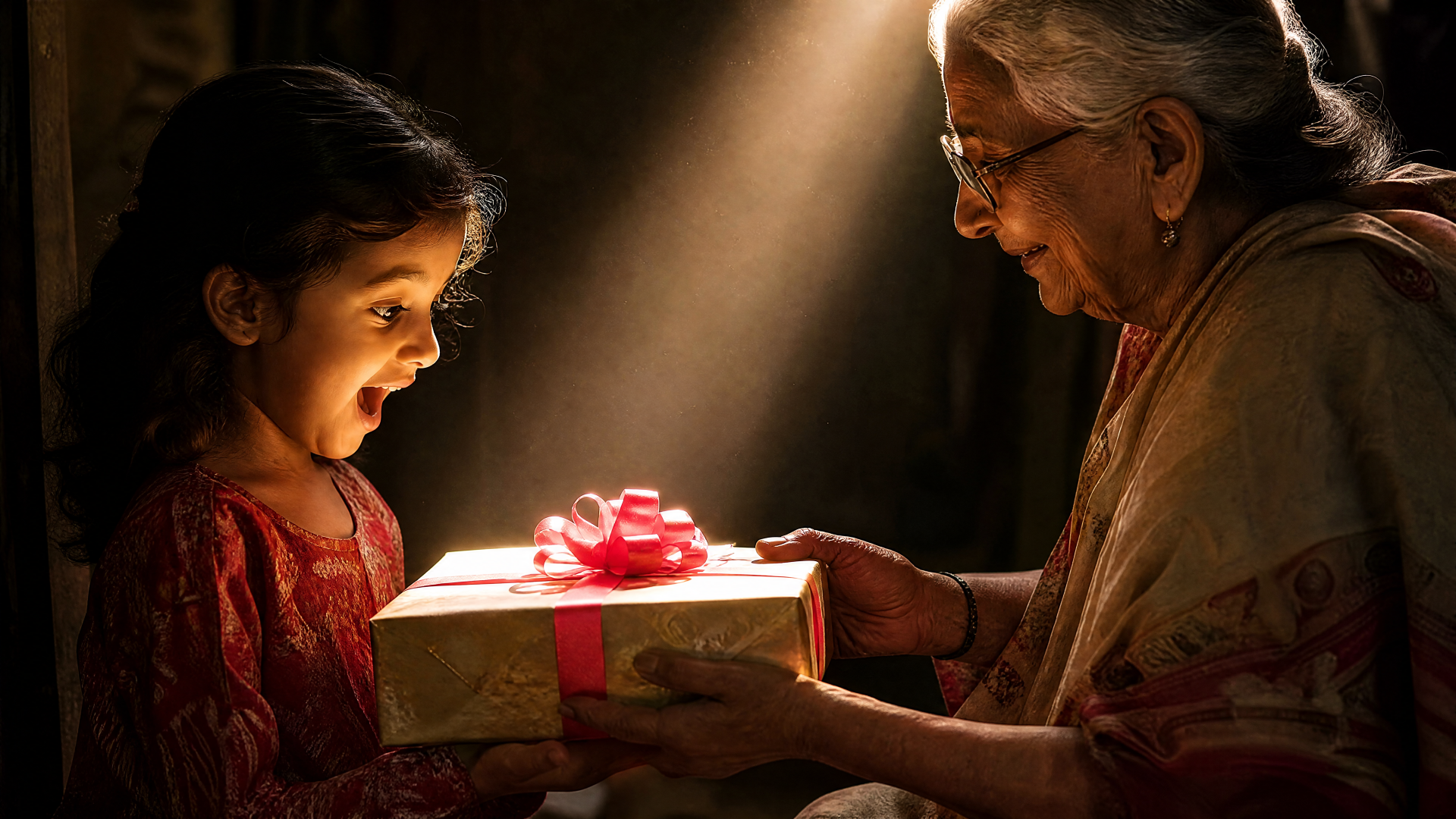 Girl's delighted face as a woman offers a wrapped gift in a warm beam of light — gift giving moment. 4K Ultra HD PC desktop wallpaper/background.