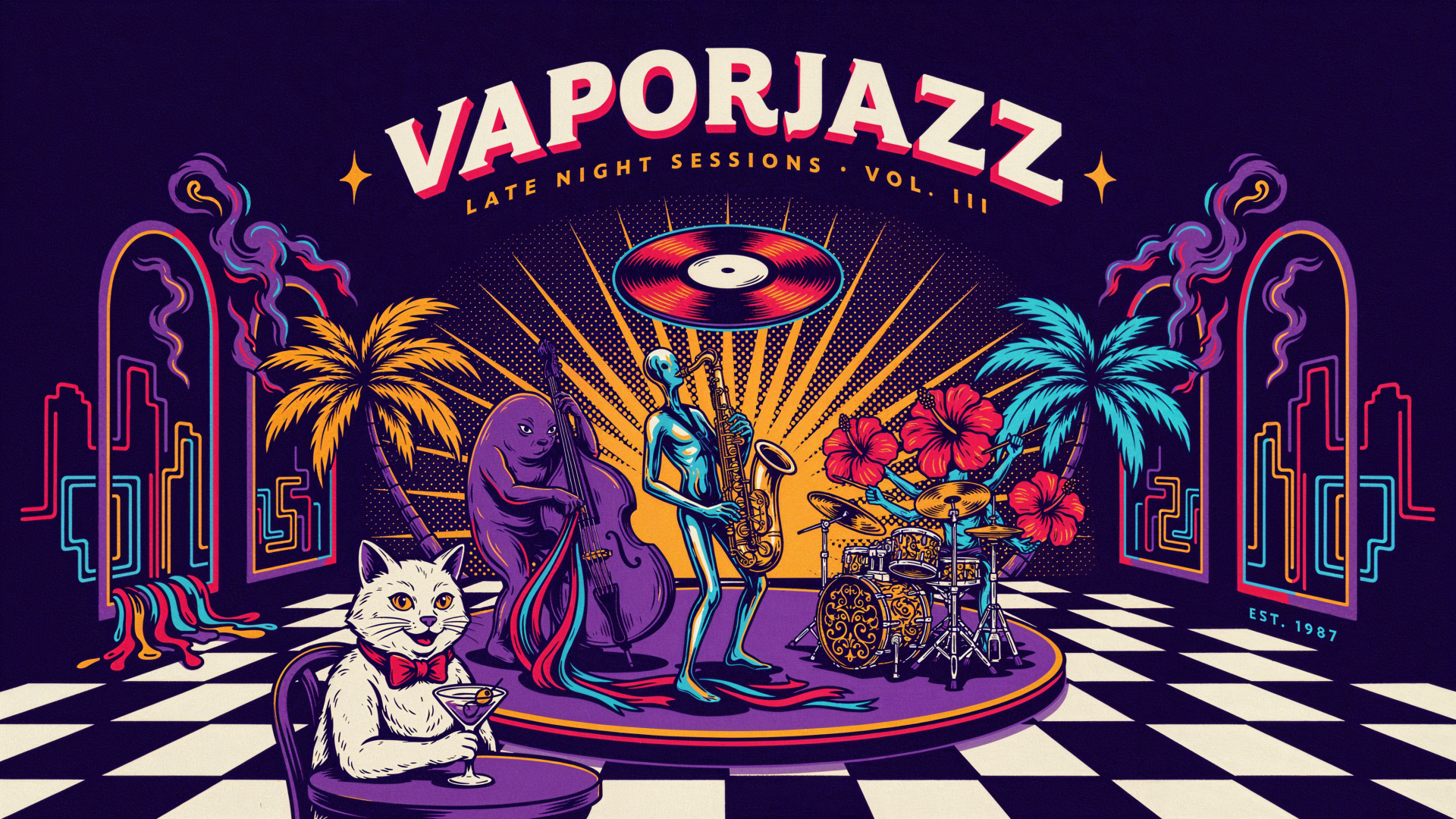 VAPORJAZZ jazz album cover 4K Ultra HD PC wallpaper: neon retro scene with saxophonist and drummer amid palm trees and vinyl, checkerboard stage and a lounging white cat.