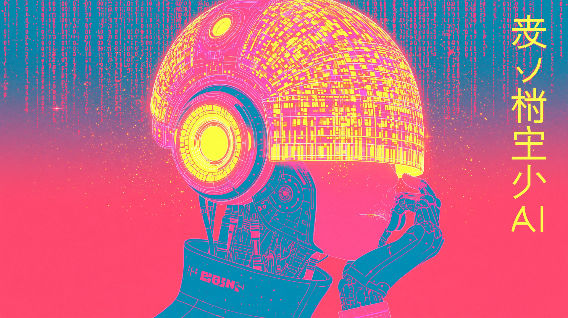 Vibrant sci-fi cyborg wearing a glowing circuit-patterned helmet; neon pink, yellow and teal palette in 2K Quad HD PC desktop wallpaper/background.