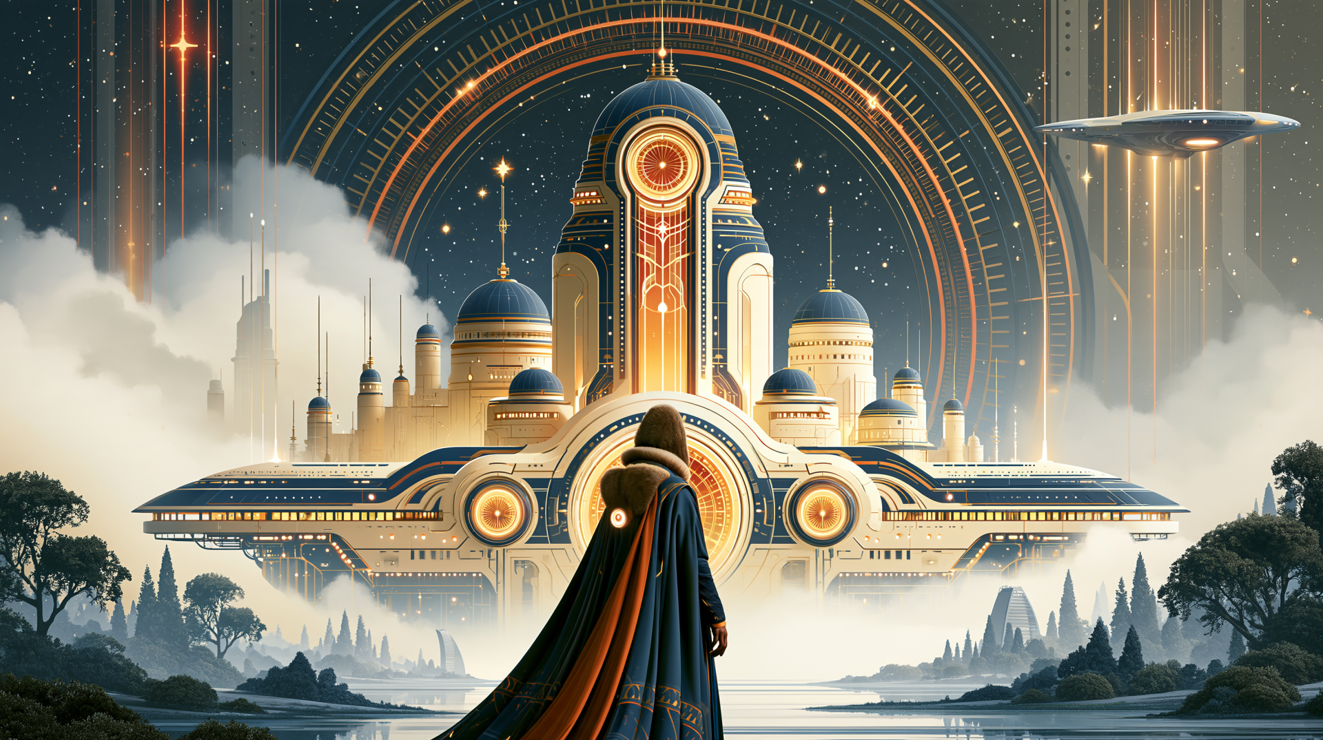 Futuristic sci‑fi palace city with golden domes, glowing arch rings and misty skyline; a cloaked figure gazes toward the spired complex — 2K Quad HD PC desktop wallpaper background.