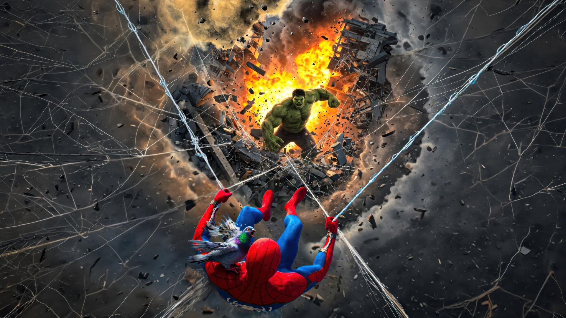 4K Ultra HD PC desktop wallpaper and background: Spider-Man swings on weblines toward an enraged Hulk bursting from a fiery explosion in a shattered cityscape.