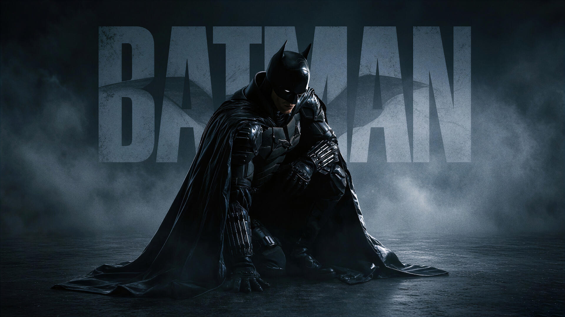 Brooding Batman in armored suit kneels on wet floor, cape spread, fog and giant BATMAN title looming — 4K Ultra HD PC desktop wallpaper/background.