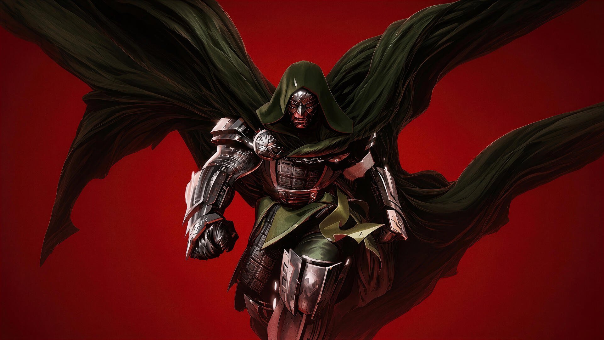Doctor Doom digital art 4K Ultra HD PC desktop wallpaper/background: armored, cloaked villain strides forward against a dramatic red backdrop.