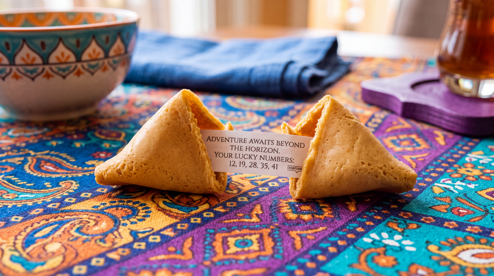 Close-up of two fortune cookies on a colorful cloth, one cracked open revealing a message; 5K Ultra HD PC Desktop Wallpaper and Background.