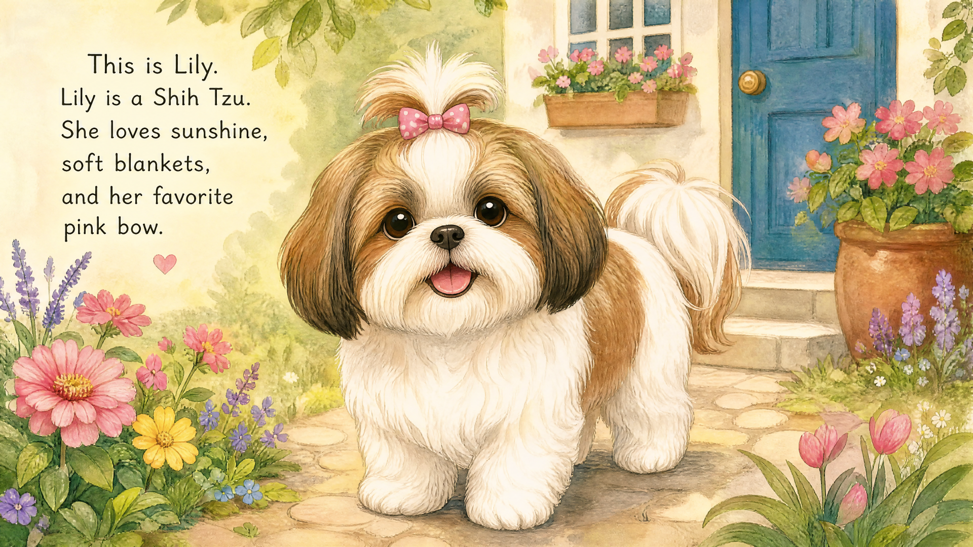 4K Ultra HD PC desktop wallpaper: illustrated Shih Tzu dog with a pink bow, smiling in a sunny flower-filled garden by a blue door.