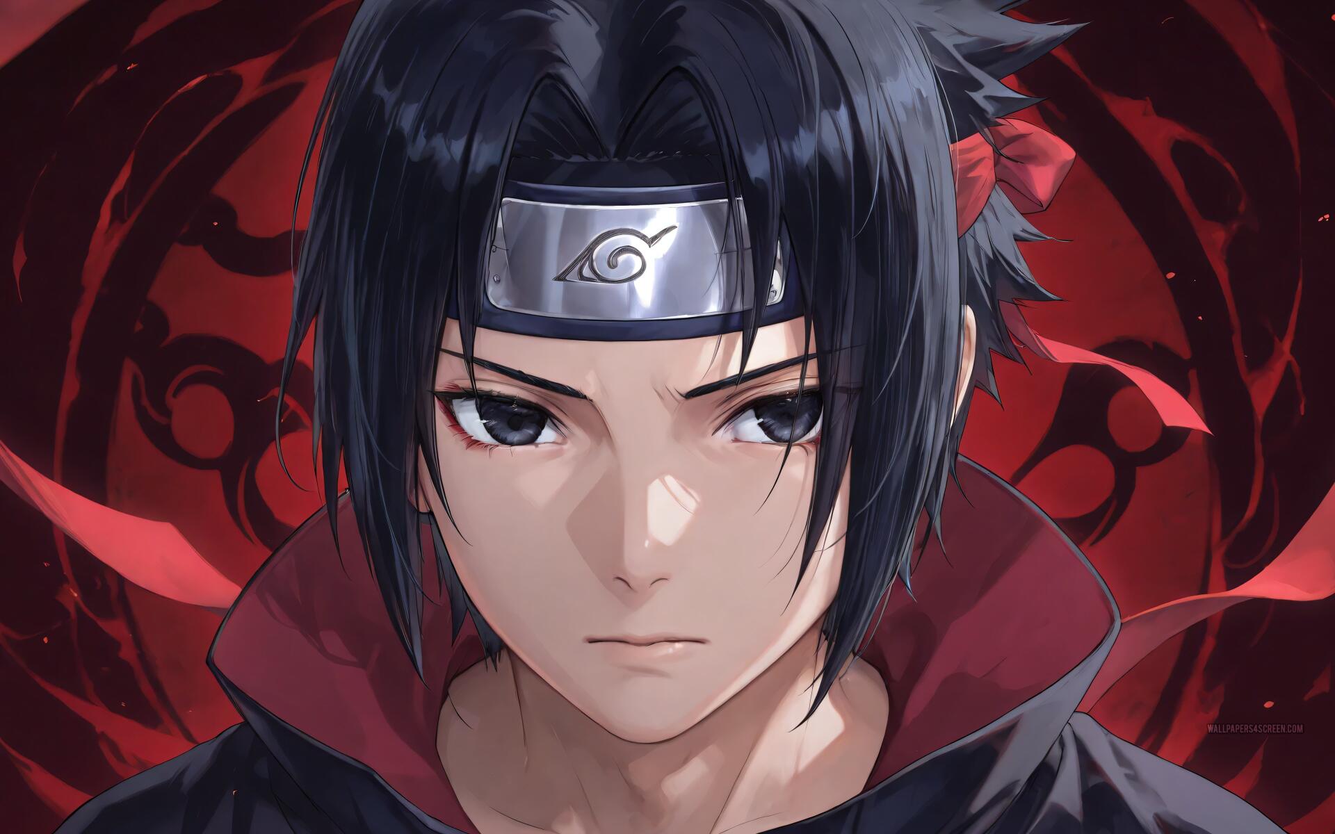 Close-up of Sasuke Uchiha from Naruto, intense gaze with headband and dark hair set against a red Sharingan motif — 4K Ultra HD PC desktop wallpaper.