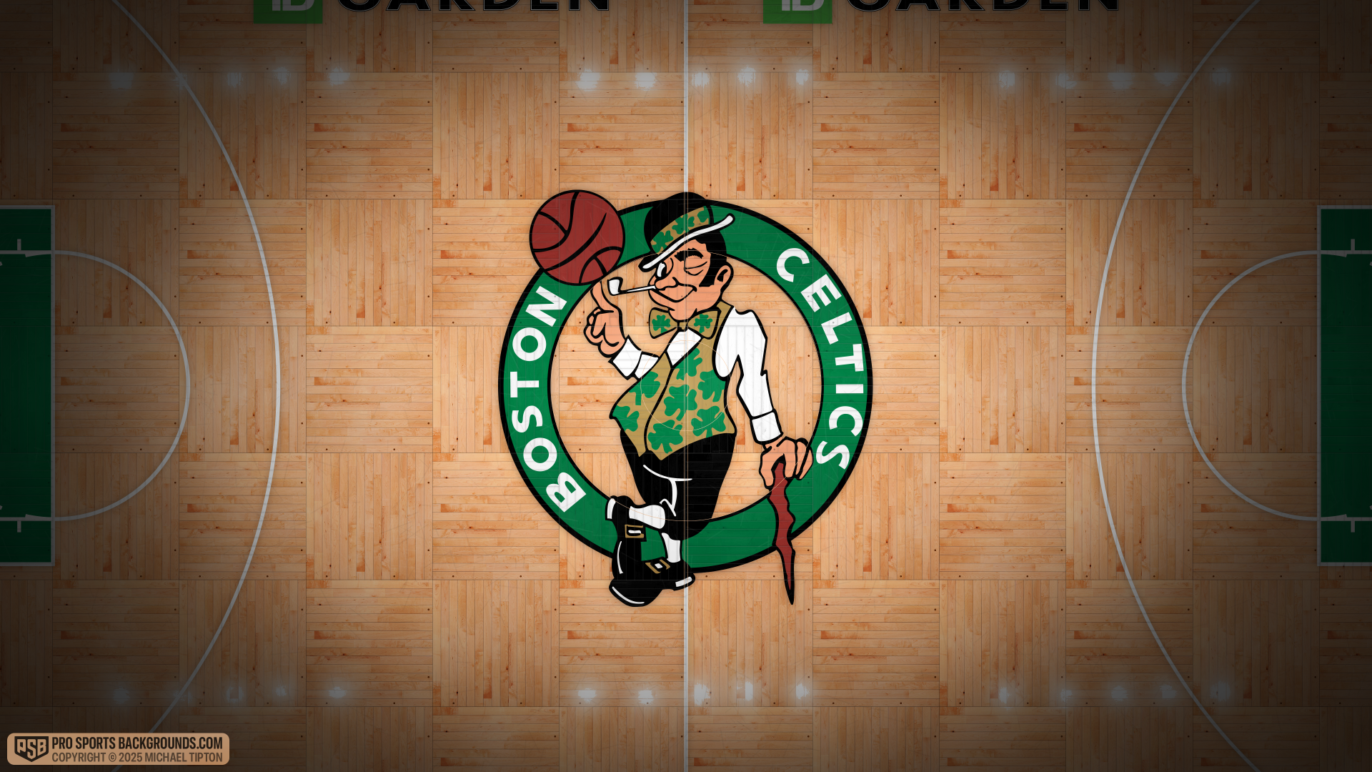 4K Ultra HD PC desktop wallpaper showing the Boston Celtics NBA basketball logo centered on a hardwood court with green emblem and visible court lines.