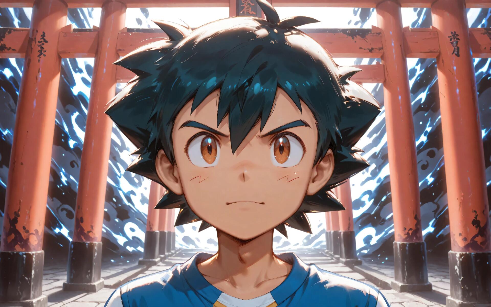 Ash Ketchum from Pokémon in anime style, resolute close-up framed by glowing torii gates and a dramatic sky — 4K Ultra HD PC desktop wallpaper/background.