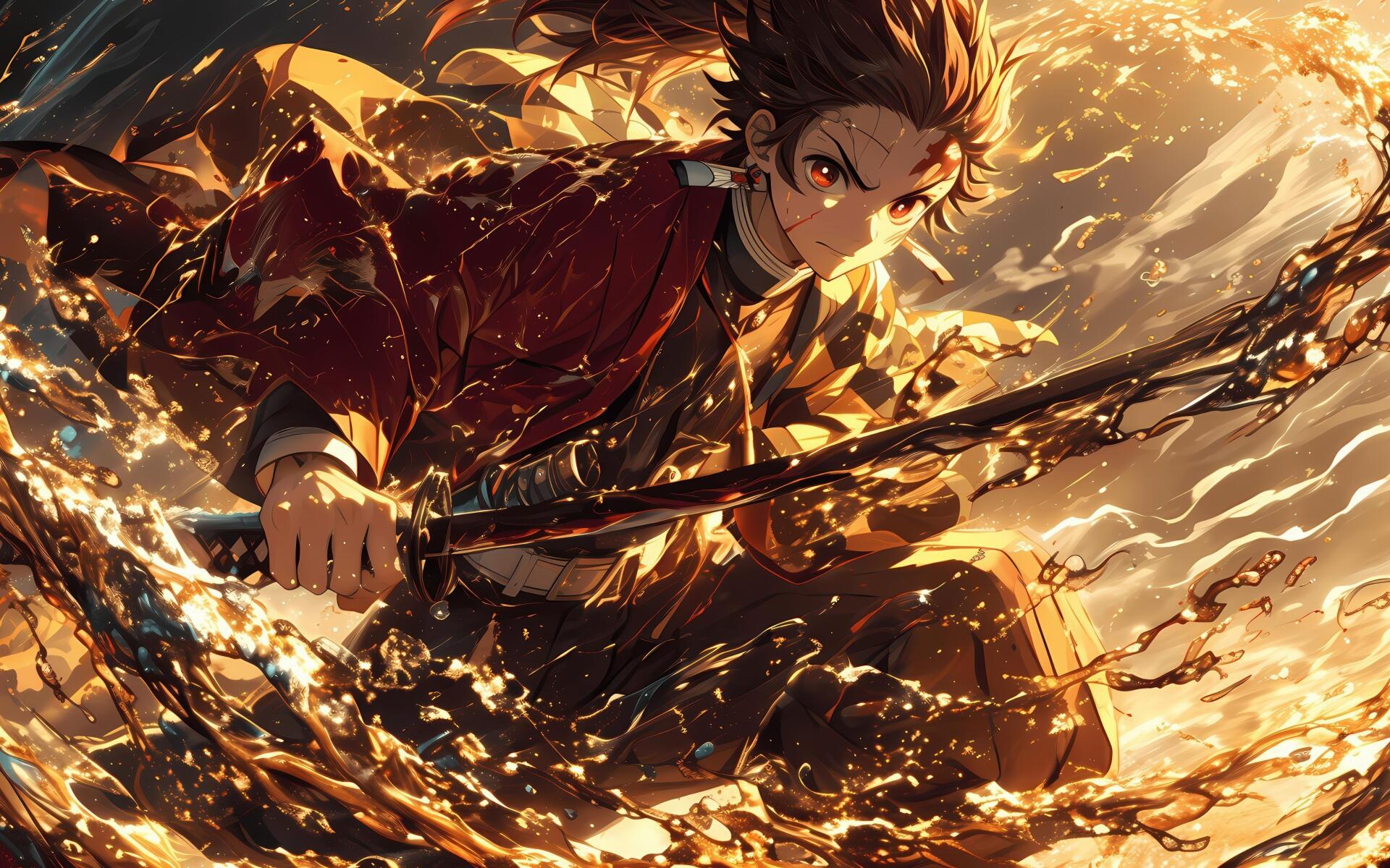 Tanjiro Kamado charging through golden swirling flames, katana drawn in a dynamic anime 4K Ultra HD PC desktop wallpaper background.