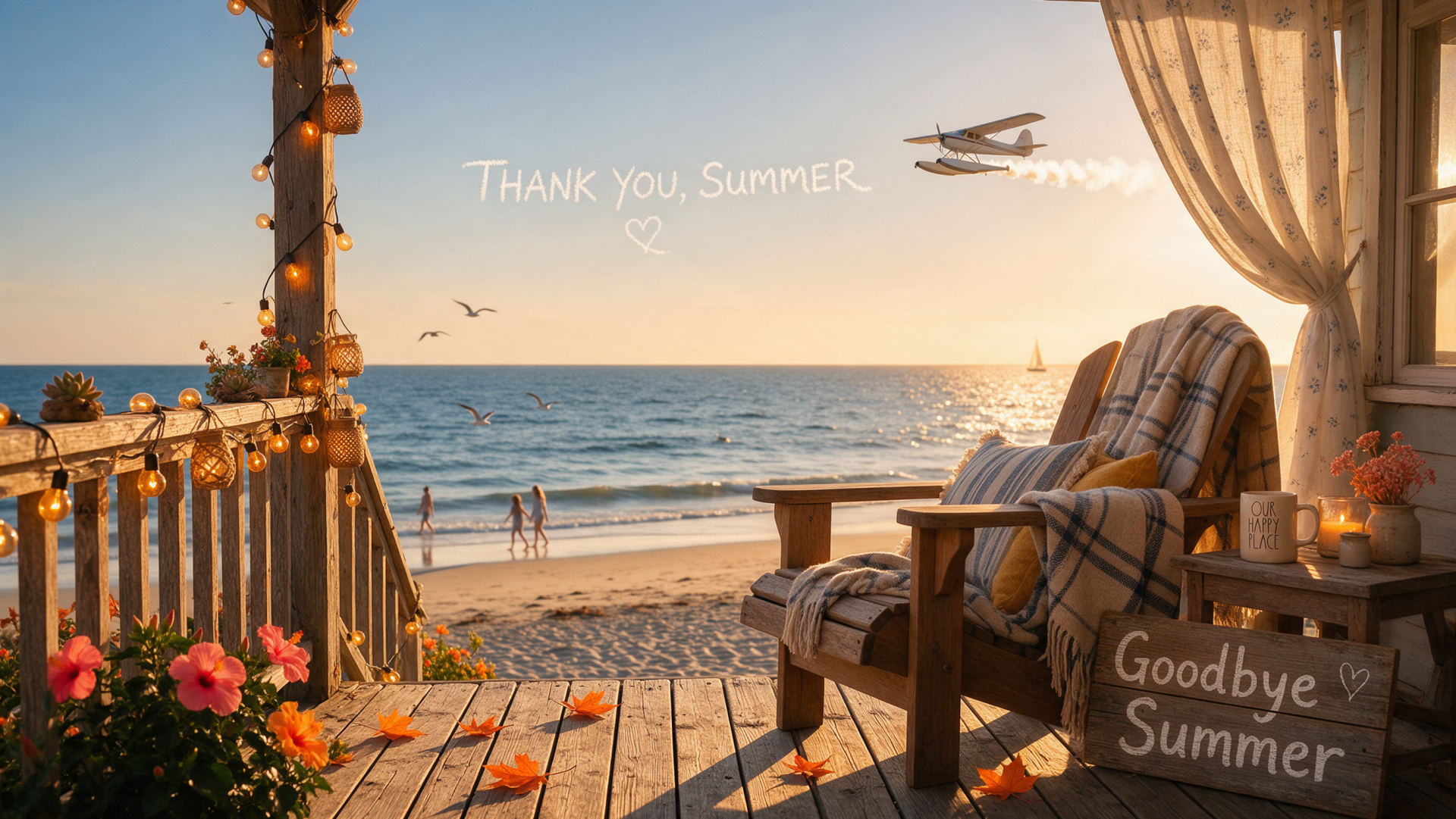 2K Quad HD wallpaper: cozy porch chair with blanket and Goodbye Summer sign, string lights and flowers, overlooking a golden ocean sunset, beach silhouettes and a passing plane.