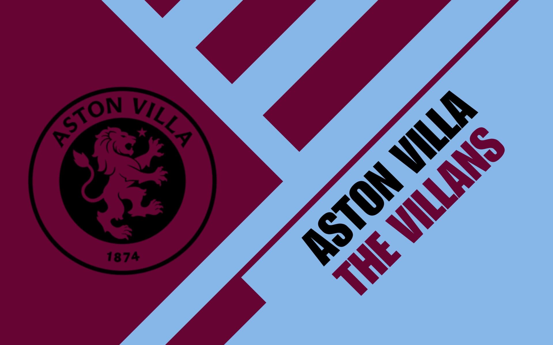 2K Quad HD PC desktop wallpaper showing Aston Villa F.C. circular logo and bold Aston Villa The Villans text over a claret and sky-blue diagonal geometric background.