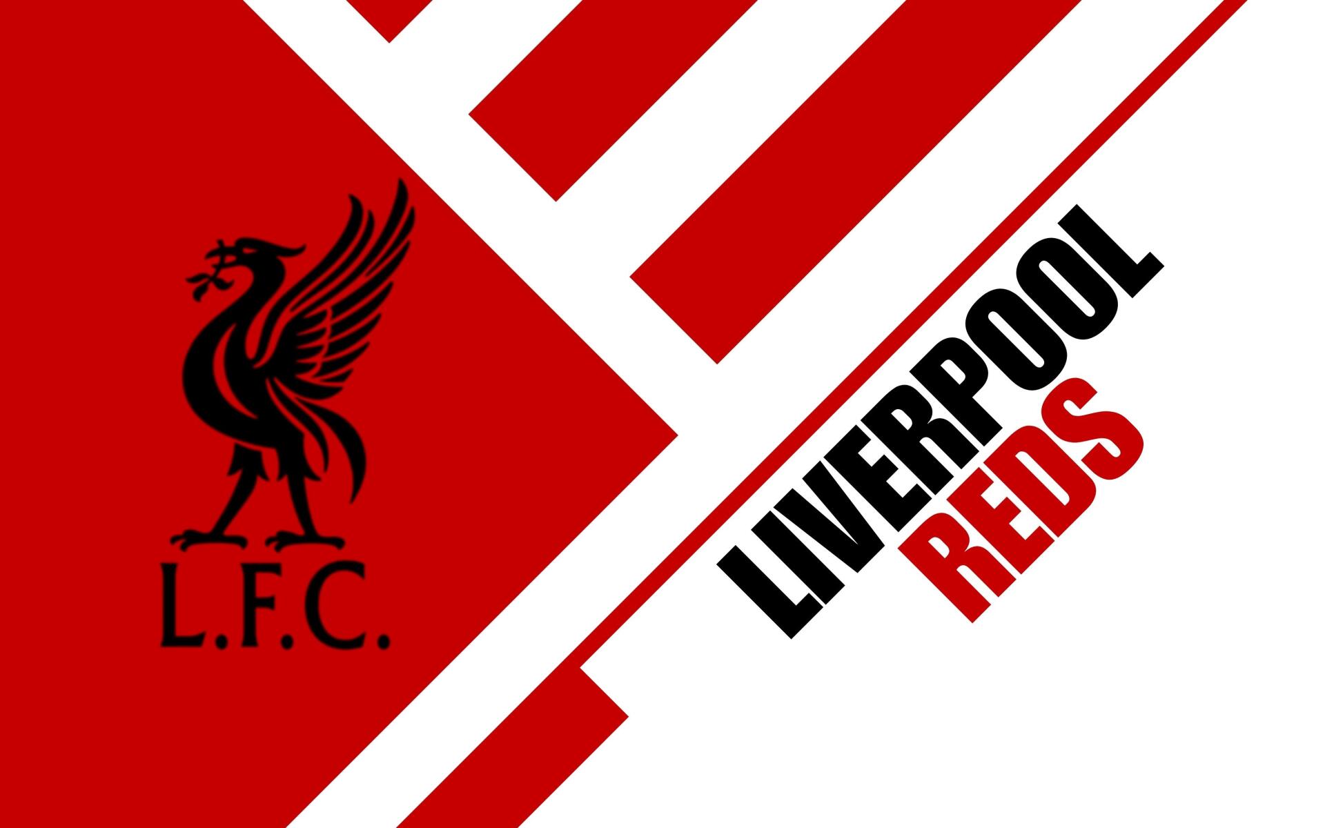 Liverpool F.C. logo and LIVERPOOL REDS text on a red-and-white geometric design — 2K Quad HD PC desktop wallpaper and background.