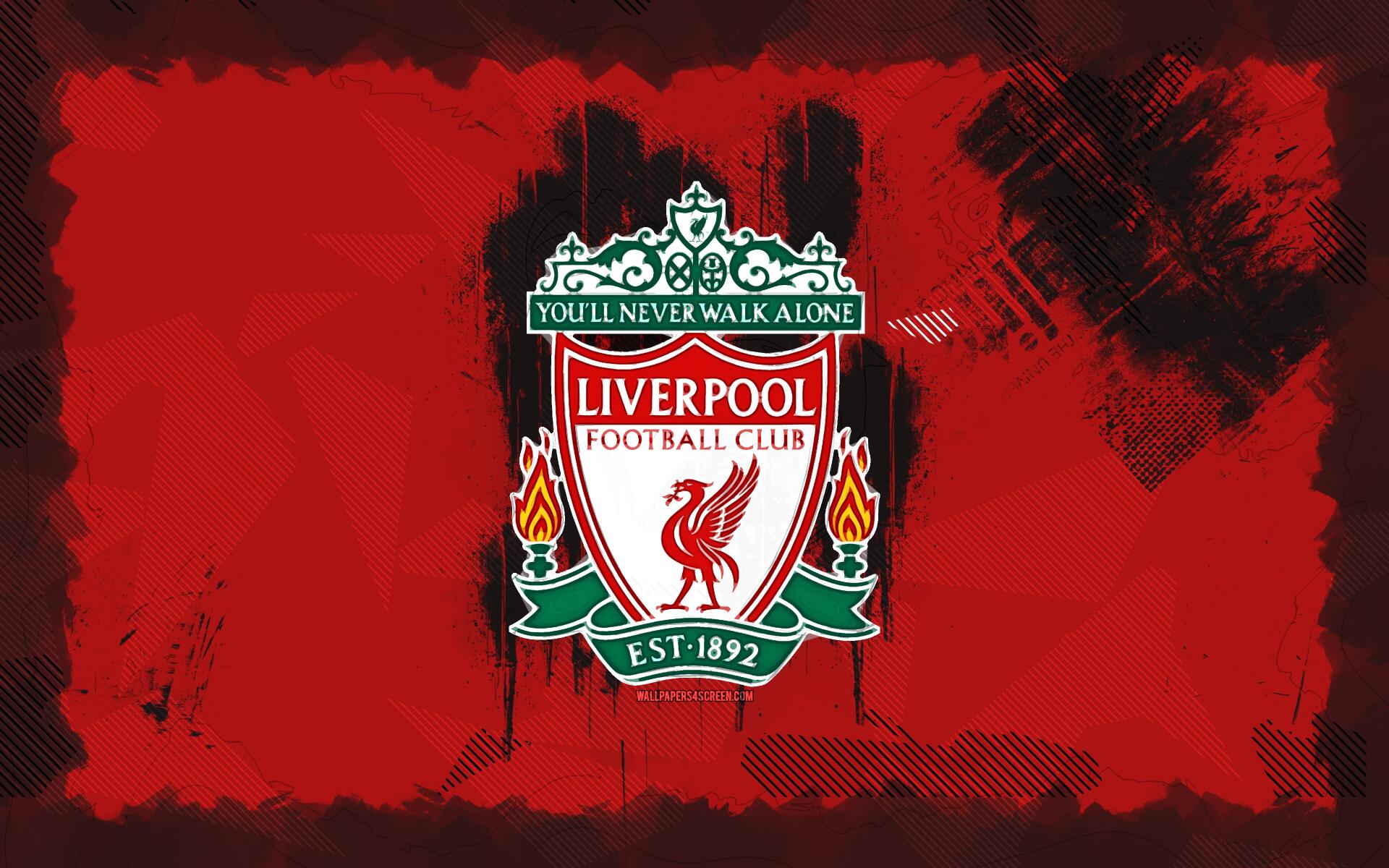 Liverpool F.C. crest centered on a textured red-and-black grunge background — 4K Ultra HD PC desktop wallpaper and background.