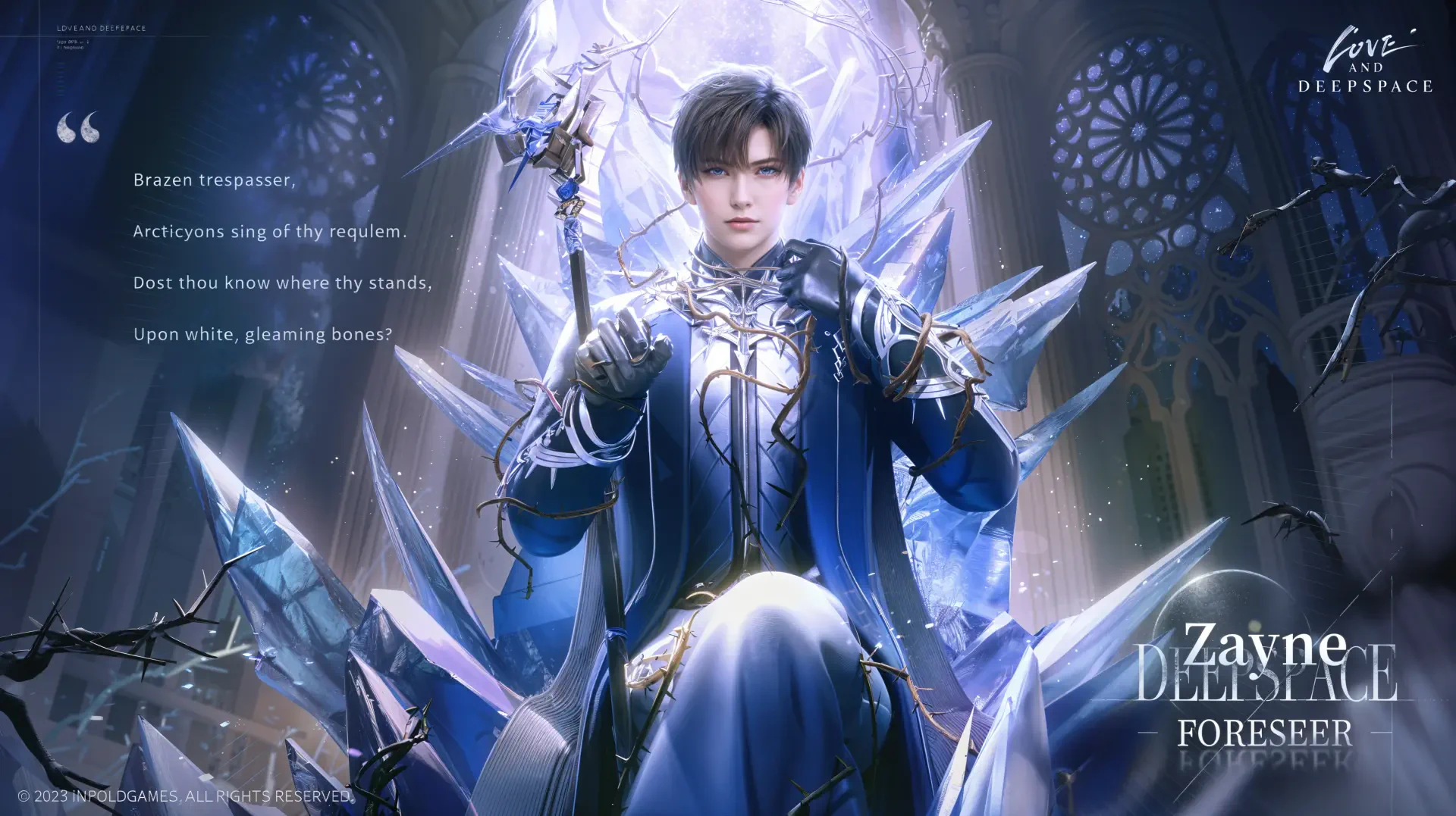 4K Ultra HD desktop wallpaper of Zayne, a man in ornate ice-blue armor with crystalline shards, glowing deepspace backdrop and subtle romantic Love and Deepspace theme.