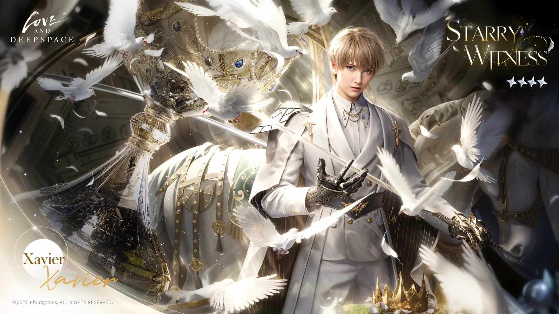 4K Ultra HD anime wallpaper of Xavier: a refined young man in white, doves and celestial light surround him in a Love and Deepspace themed PC desktop background.