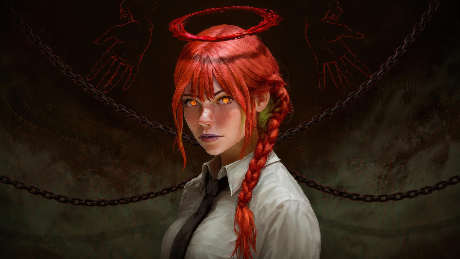 Makima (Chainsaw Man) anime 4K Ultra HD PC desktop wallpaper and background: red-haired Makima with braided hair, a glowing halo, piercing golden eyes and chains against a dark backdrop.
