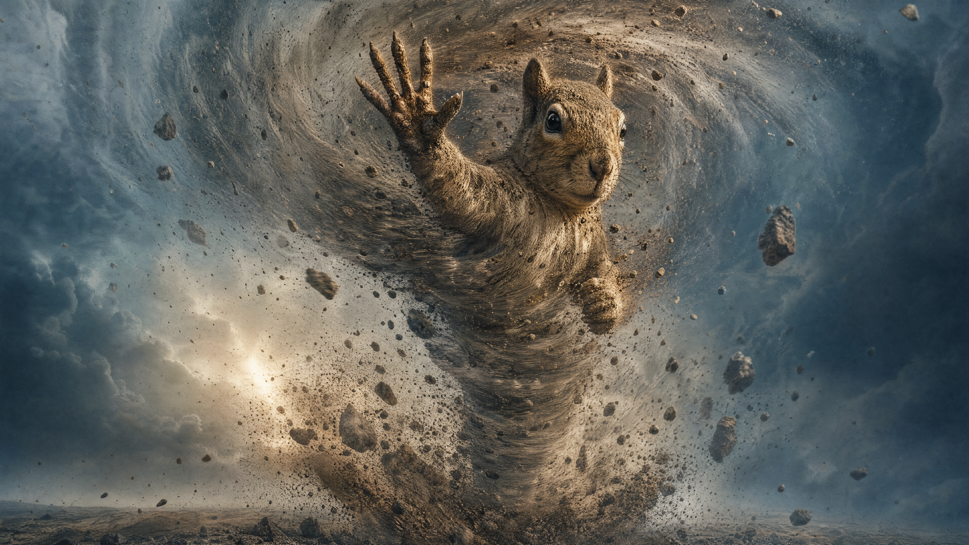 Tornado Squirrel 4K Ultra HD PC desktop wallpaper: a squirrel spiraling inside a debris-filled tornado, claws outstretched amid dust, flying rocks and churning storm clouds.