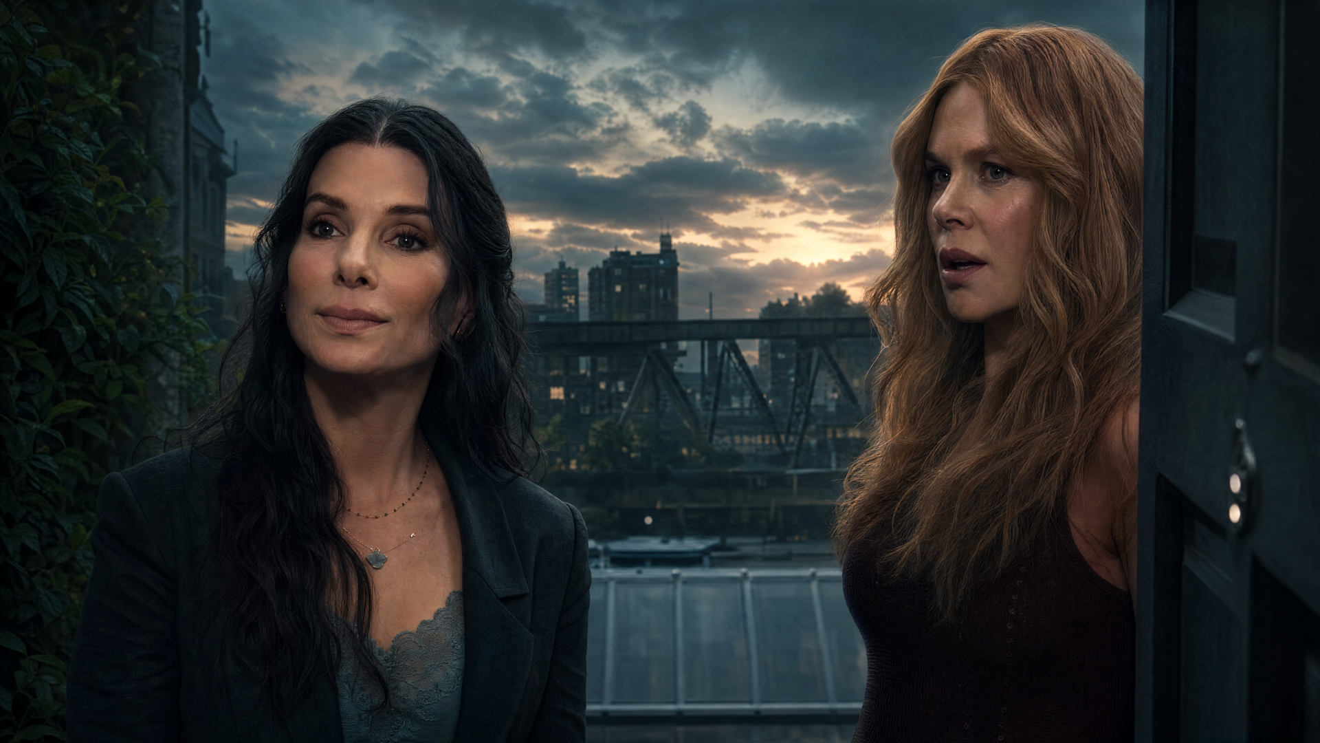 4K Ultra HD PC desktop wallpaper: portrait of two women from Practical Magic 2 on a rooftop at dusk, a city bridge skyline behind them with moody, cinematic lighting.