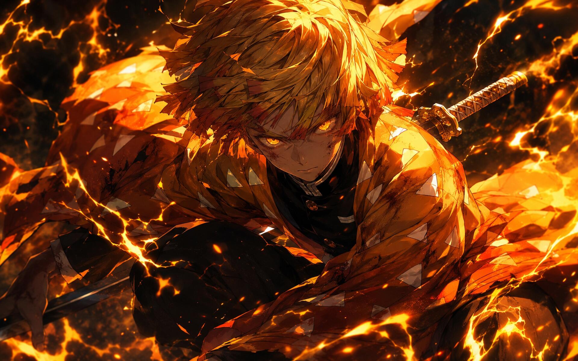Zenitsu Agatsuma (anime) in fierce lightning and flame effects, dynamic close-up — 4K Ultra HD PC desktop wallpaper background.