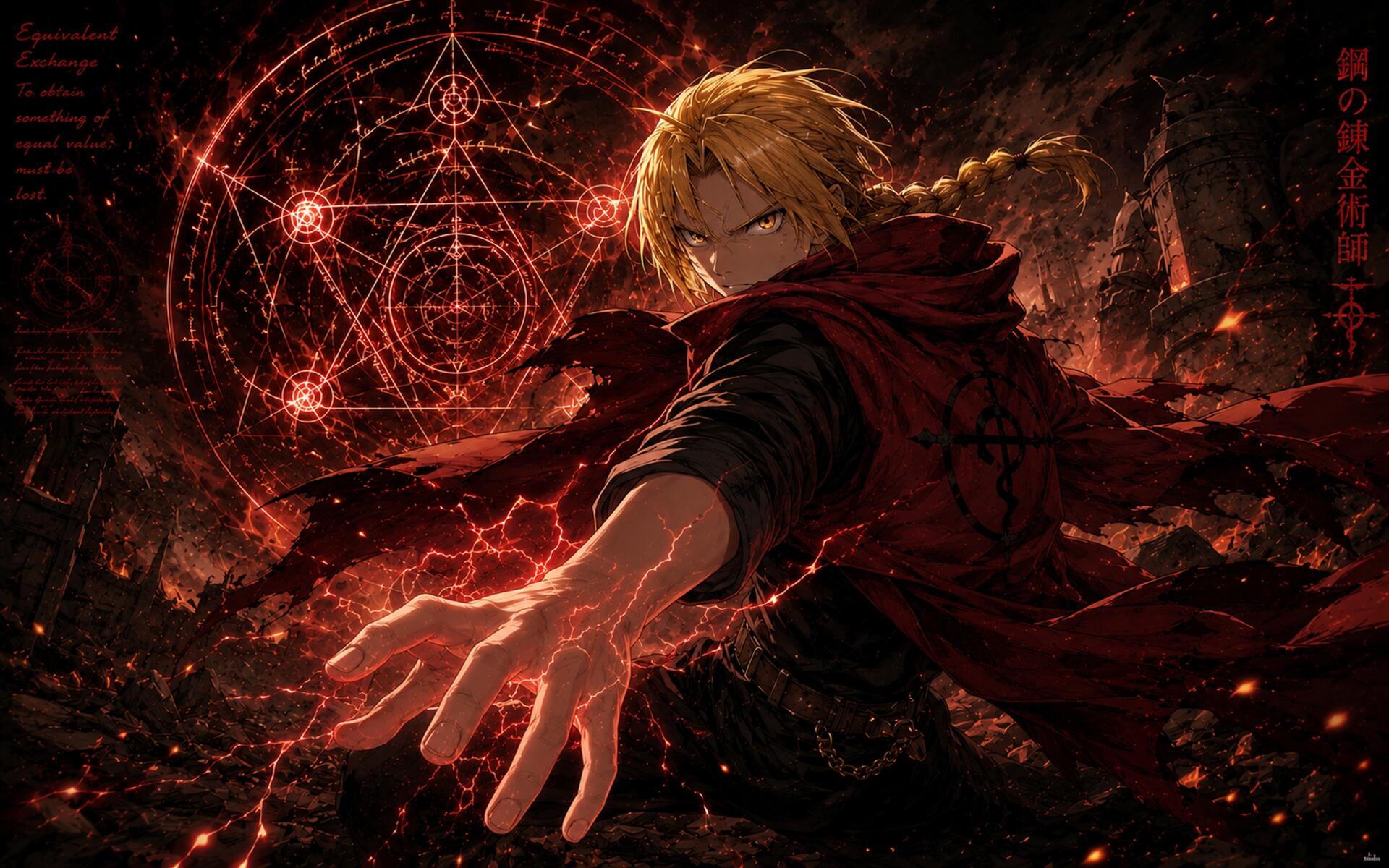 Edward Elric from the anime reaching forward, crimson cloak whipping, glowing transmutation circle and embers behind him — 4K Ultra HD PC desktop wallpaper background.