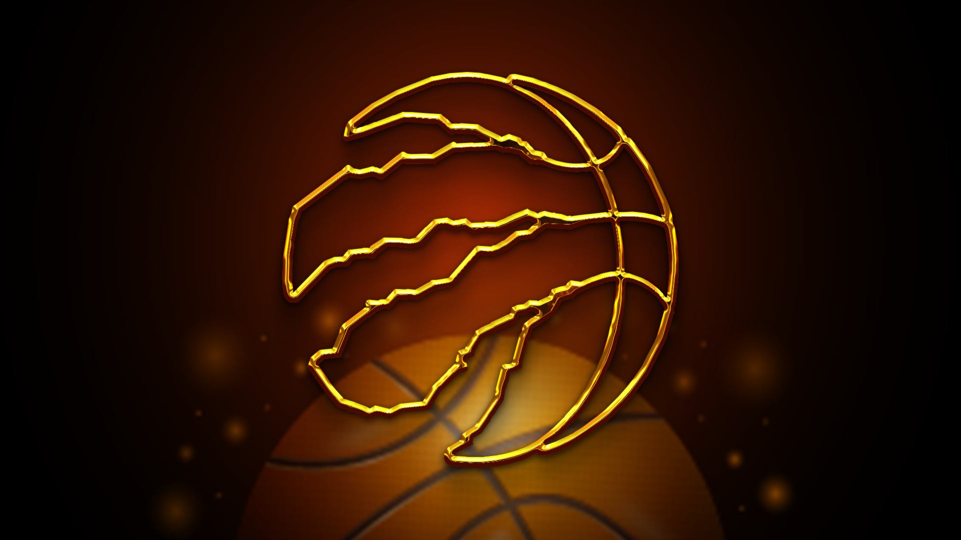 4K Ultra HD PC desktop wallpaper: glowing gold basketball traced by raptor claw slashes, Toronto Raptors NBA motif on a dark reflective background.