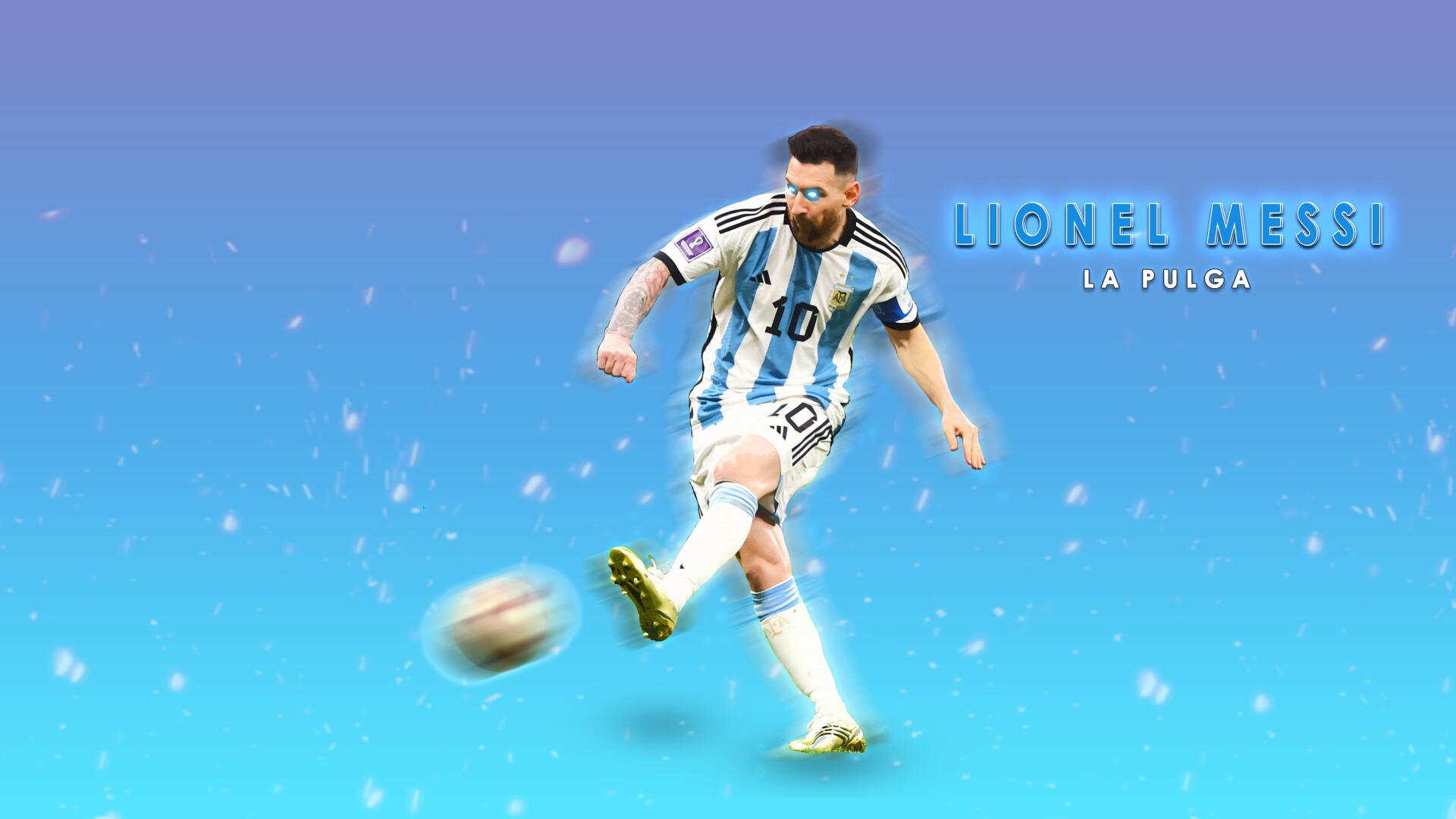 4K Ultra HD desktop wallpaper of a soccer player in a blue-and-white striped kit kicking a ball on a bright turquoise background, dynamic sports action.