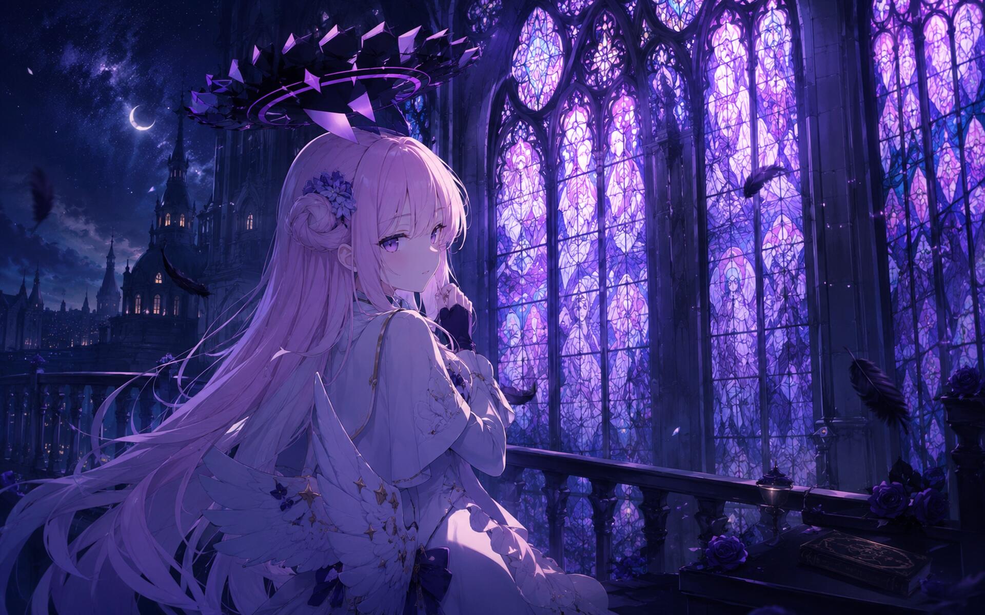 Sorasaki Hina anime girl with long pink hair gazing from a gothic balcony at moonlit stained-glass windows, purple hues — 4K Ultra HD PC desktop wallpaper background.
