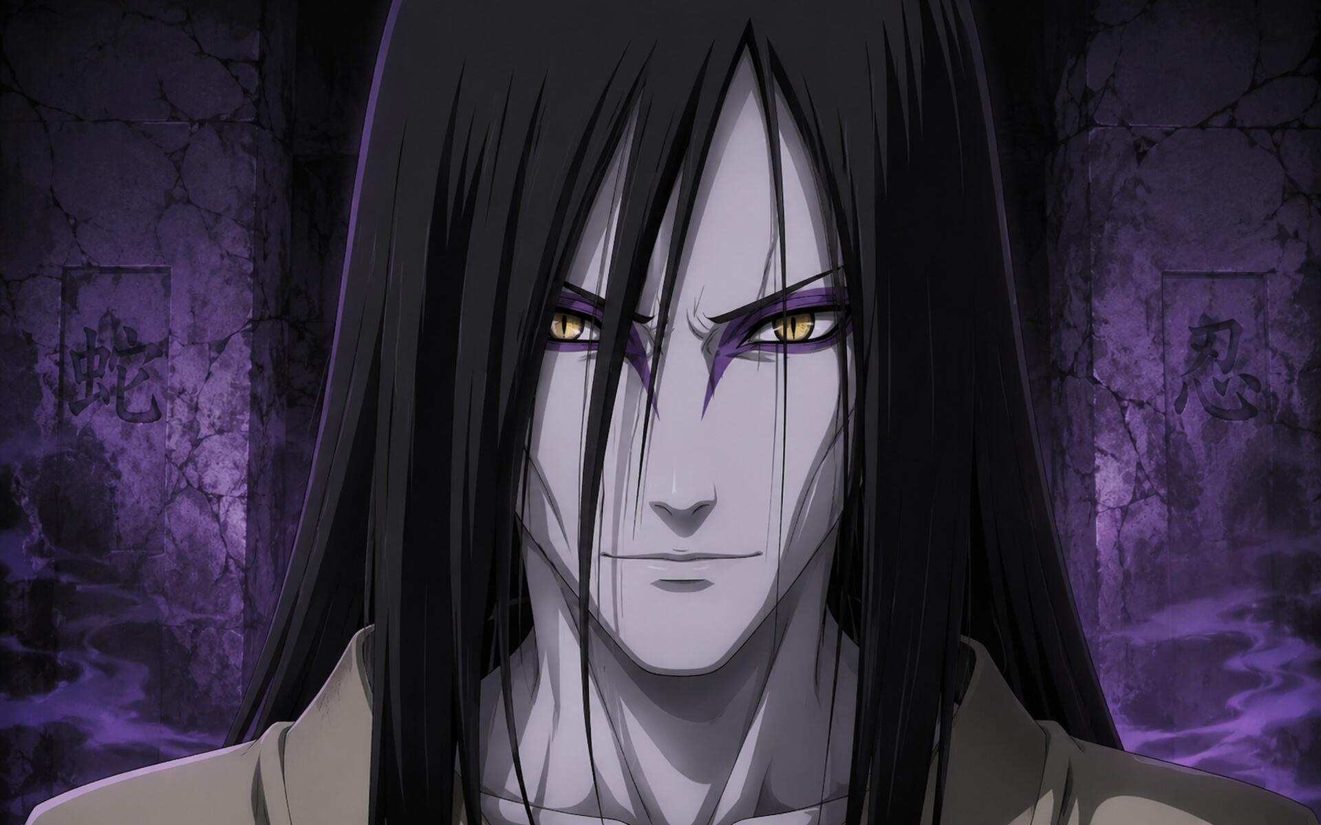 Orochimaru (Naruto) close-up: pale face, long black hair and yellow snake-like eyes against a purple-lit stone chamber — 4K Ultra HD anime PC desktop wallpaper