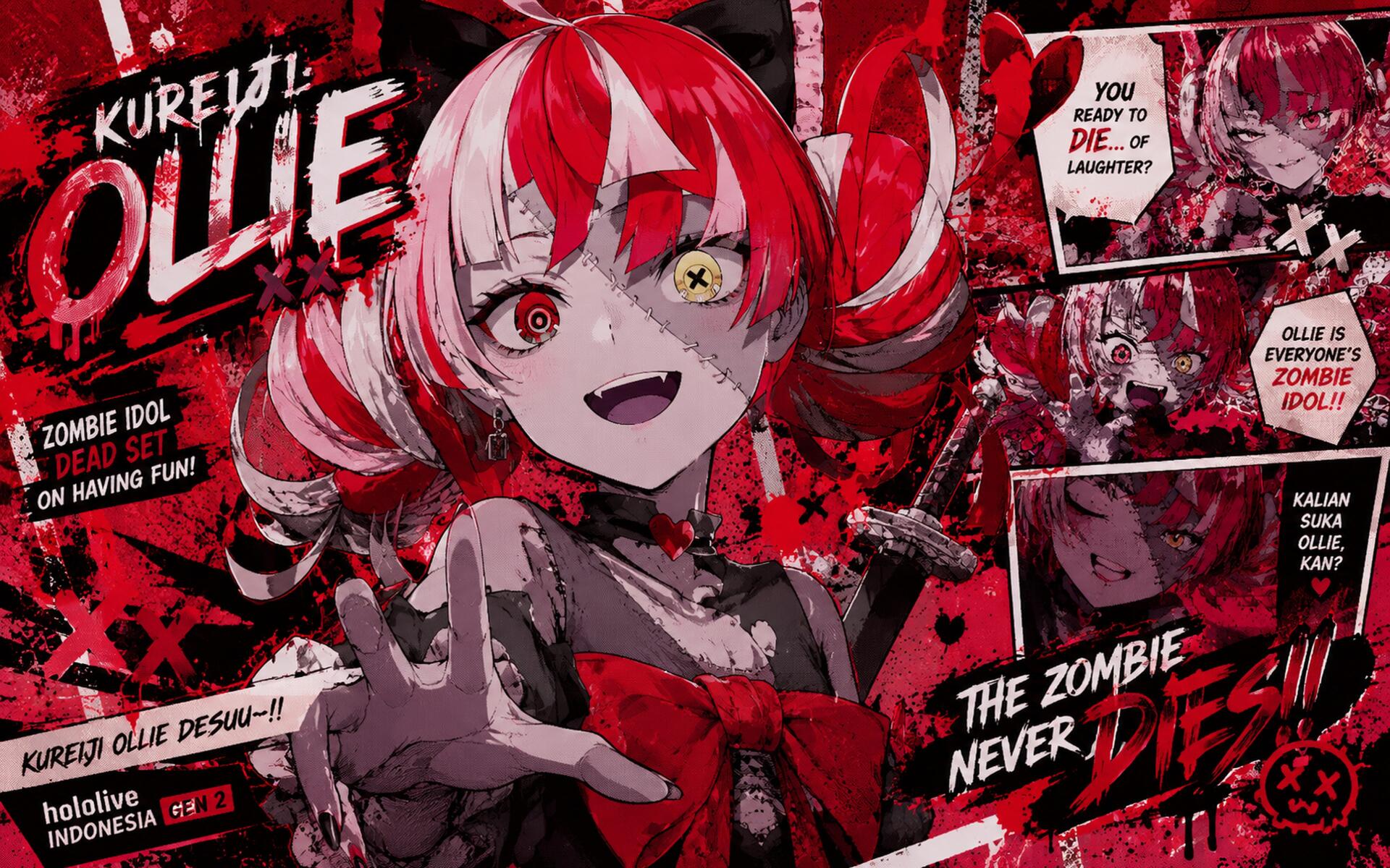 4K Ultra HD PC wallpaper of Kureiji Ollie, Virtual Youtuber — red-and-black comic-style zombie idol with twin pigtails, one yellow eye, reaching hand amid grungy panels and text.