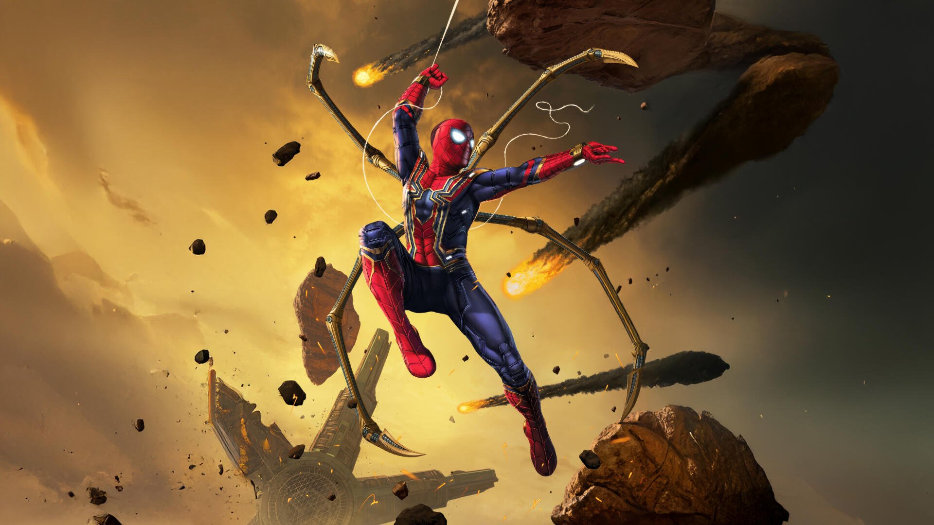 Digital art of Spider-Man swinging amid shattered rocks and glowing debris, dynamic pose with trailing web — 5K Ultra HD PC desktop wallpaper and background.