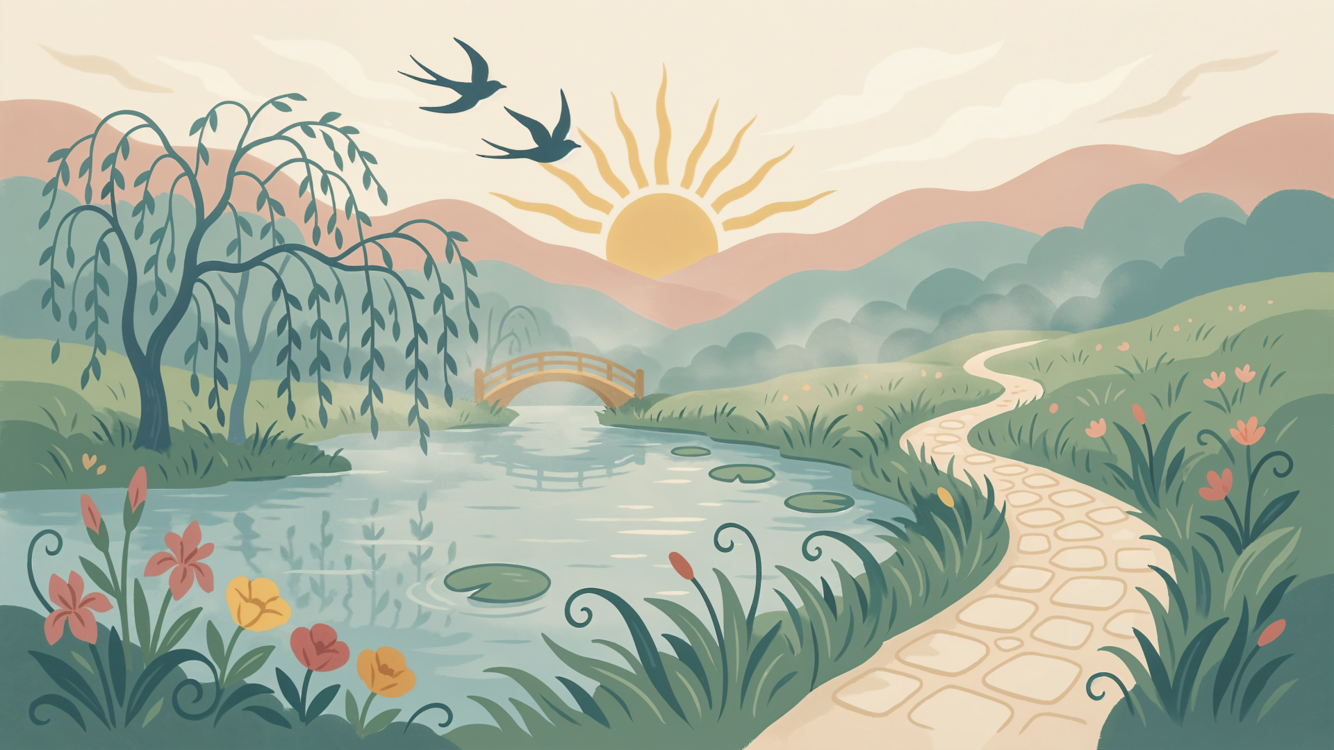 4K Ultra HD PC desktop wallpaper and background: scenic landscape with sunlit river, arched bridge, winding path, willow trees, flowers and two swallows.