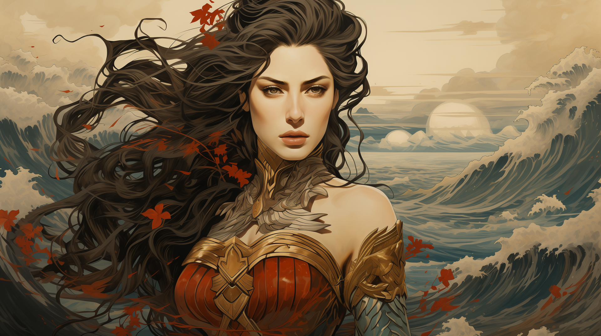 Comic digital art 2K Quad HD PC desktop wallpaper and background: fierce female warrior in red armor, flowing dark hair and autumn leaves against stormy ocean waves.