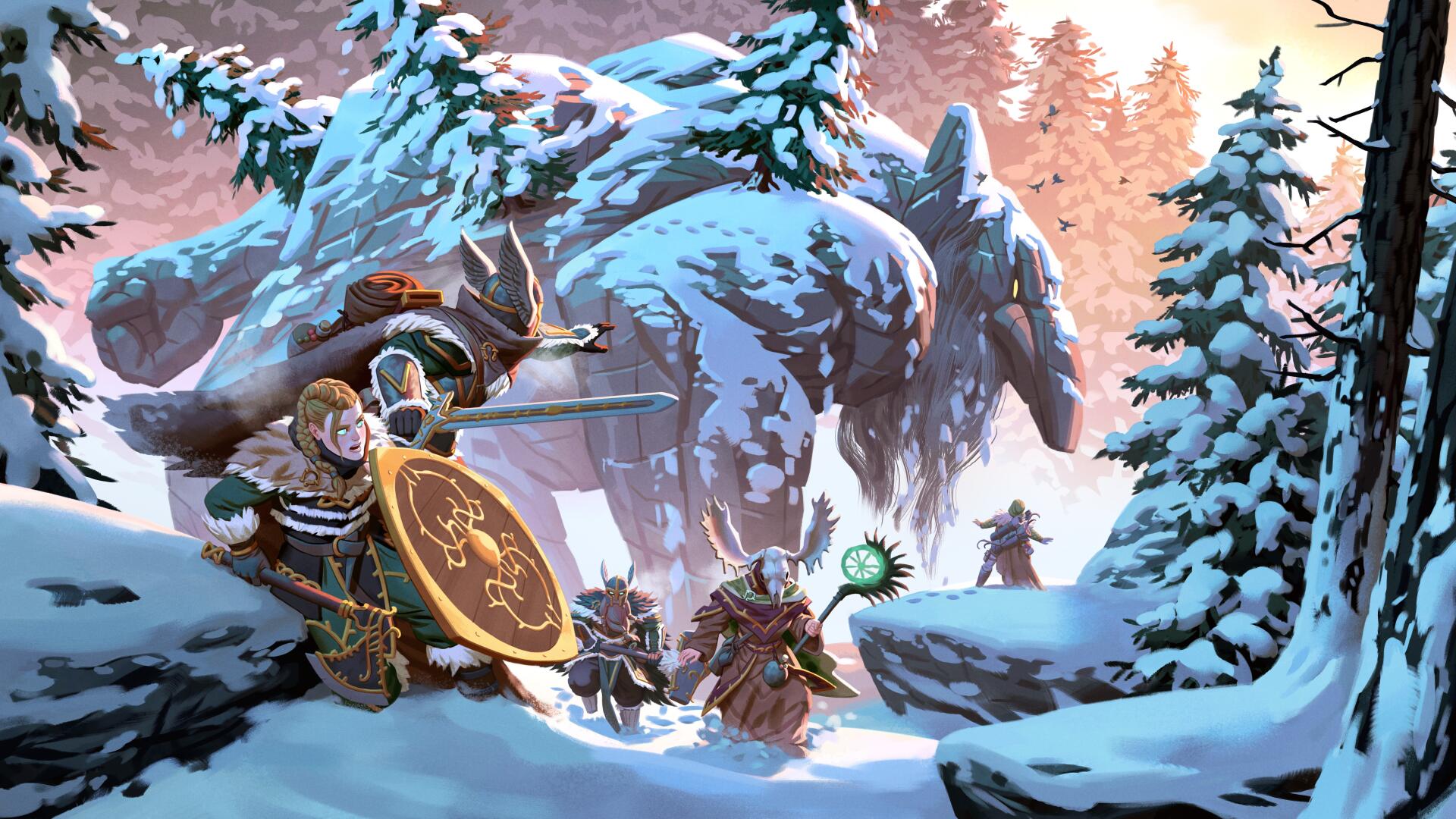5K Ultra HD PC desktop wallpaper and background: Valheim warrior and allies face a towering mammoth in a snow‑bound pine forest, shields and weapons ready amid frosted trees and pale sunlight.