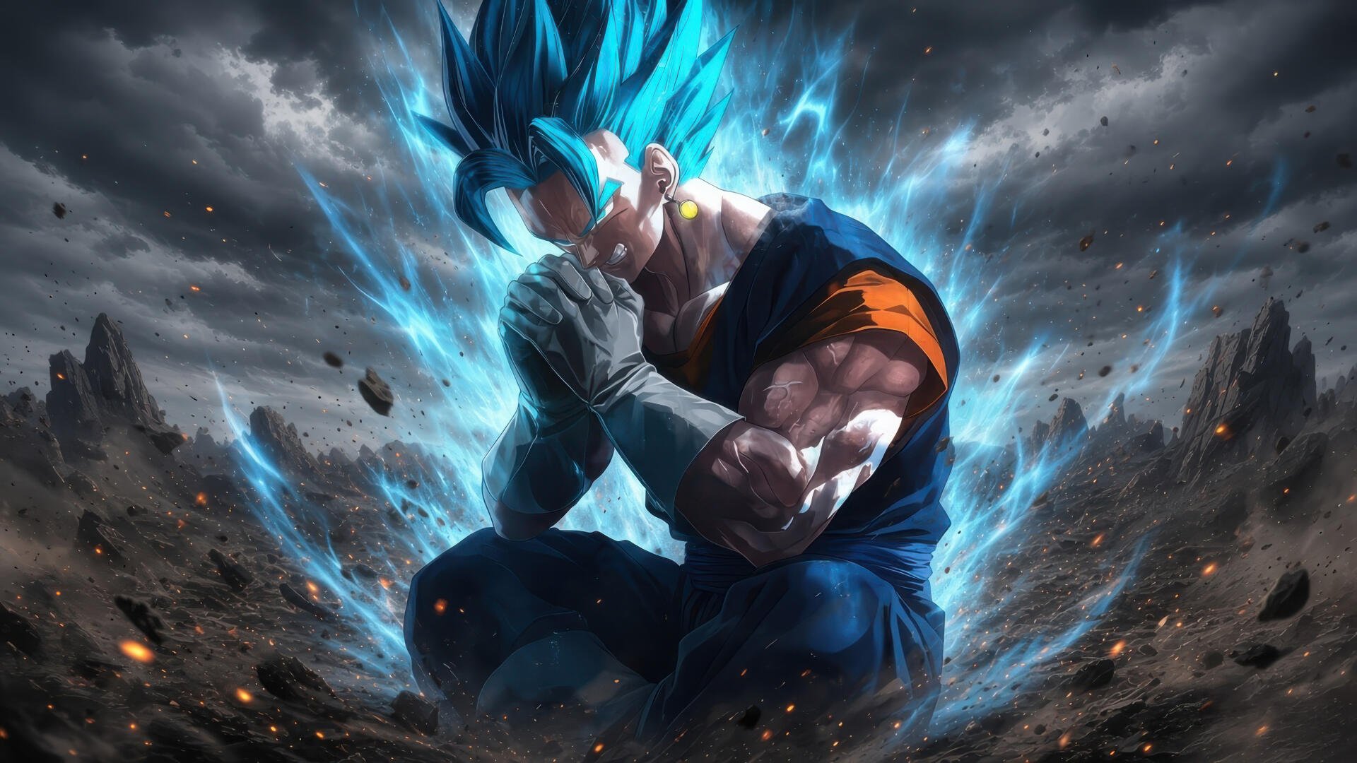 Goku (Anime) kneeling on cracked earth, glowing blue Super Saiyan aura and stormy sky — 4K Ultra HD PC desktop wallpaper/background.