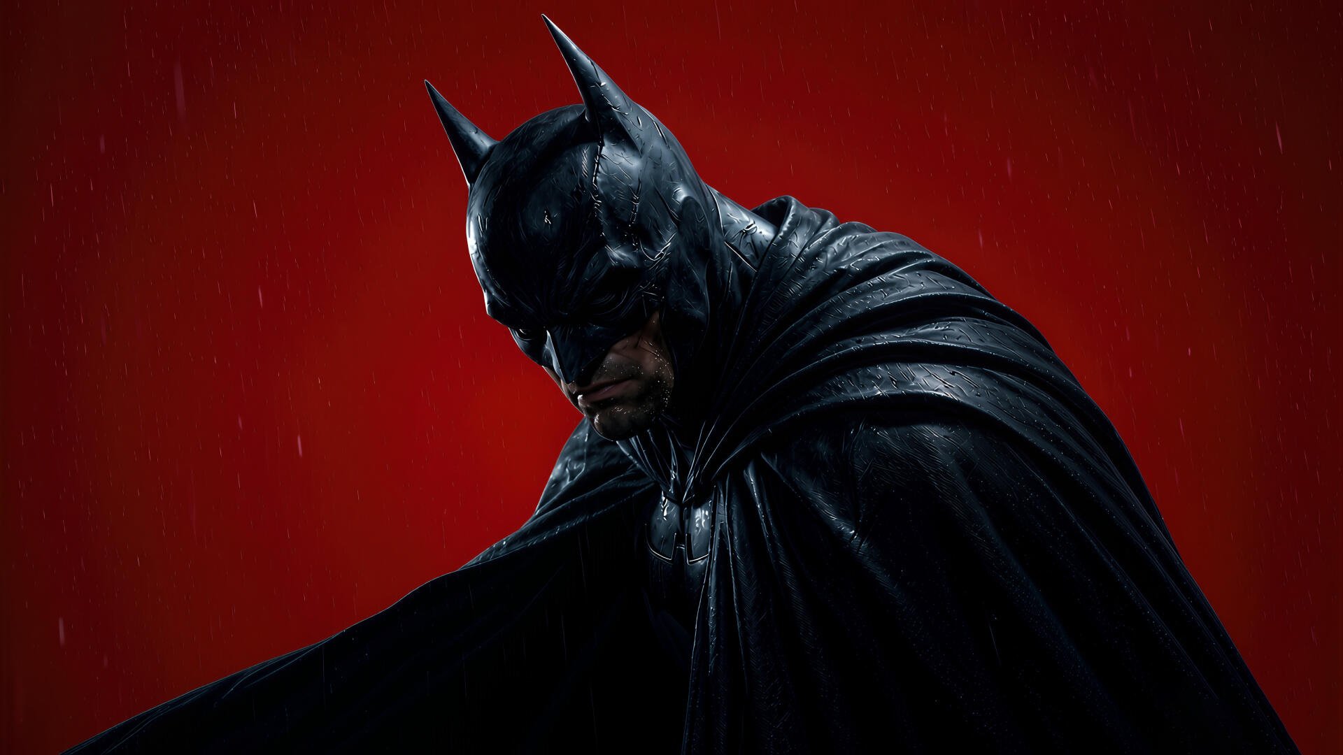 4K Ultra HD digital art PC wallpaper: Batman in a black cowl and flowing cape, rain-slicked, brooding against a stark red background.