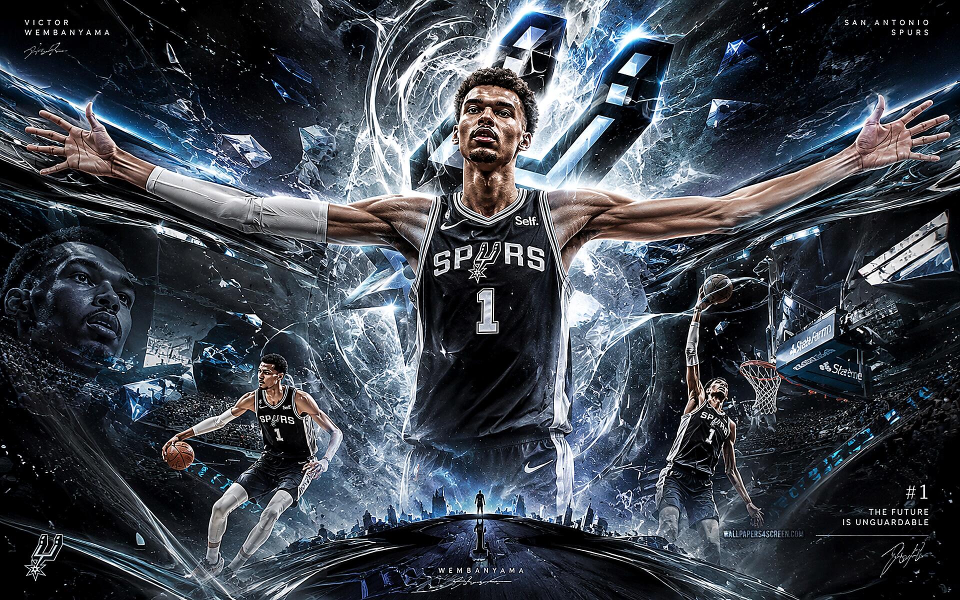 4K Ultra HD PC desktop wallpaper of a towering basketball player in a San Antonio Spurs #1 jersey, arms outstretched amid explosive light effects and multiple action poses.